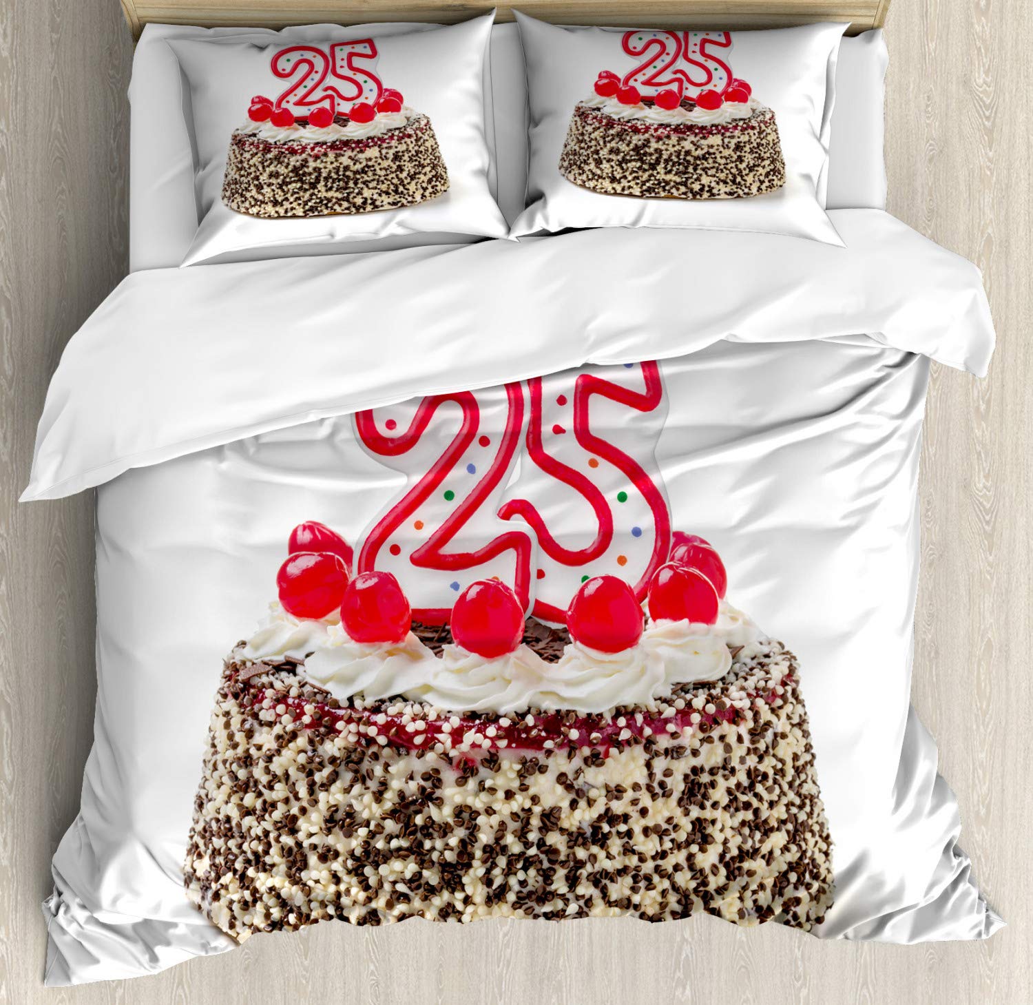 Ambesonne 25th Birthday Duvet Cover Set - Number 25 Candles on Chocolate Cherry Cake Design, 3-Piece Bedding Set with 2 Pillow Shams, California King Size, Red Cream Brown - Perfect for Birthday Celebrations, Adult Bedrooms & Gift Giving