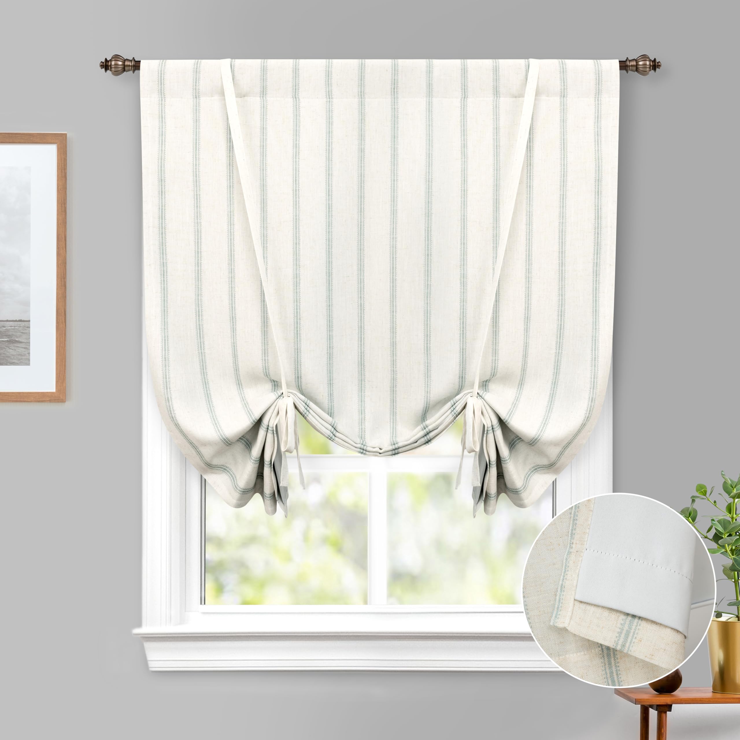 Thermal Insulated Blackout Curtains 45x63 Inch - Farmhouse Double Layer Linen Tie-Up Roman Shades with Adjustable Rod Pocket, Green Vertical Striped for Bathroom & Bedroom Windows - Energy Saving & Light Blocking Window Treatment for Home Decor