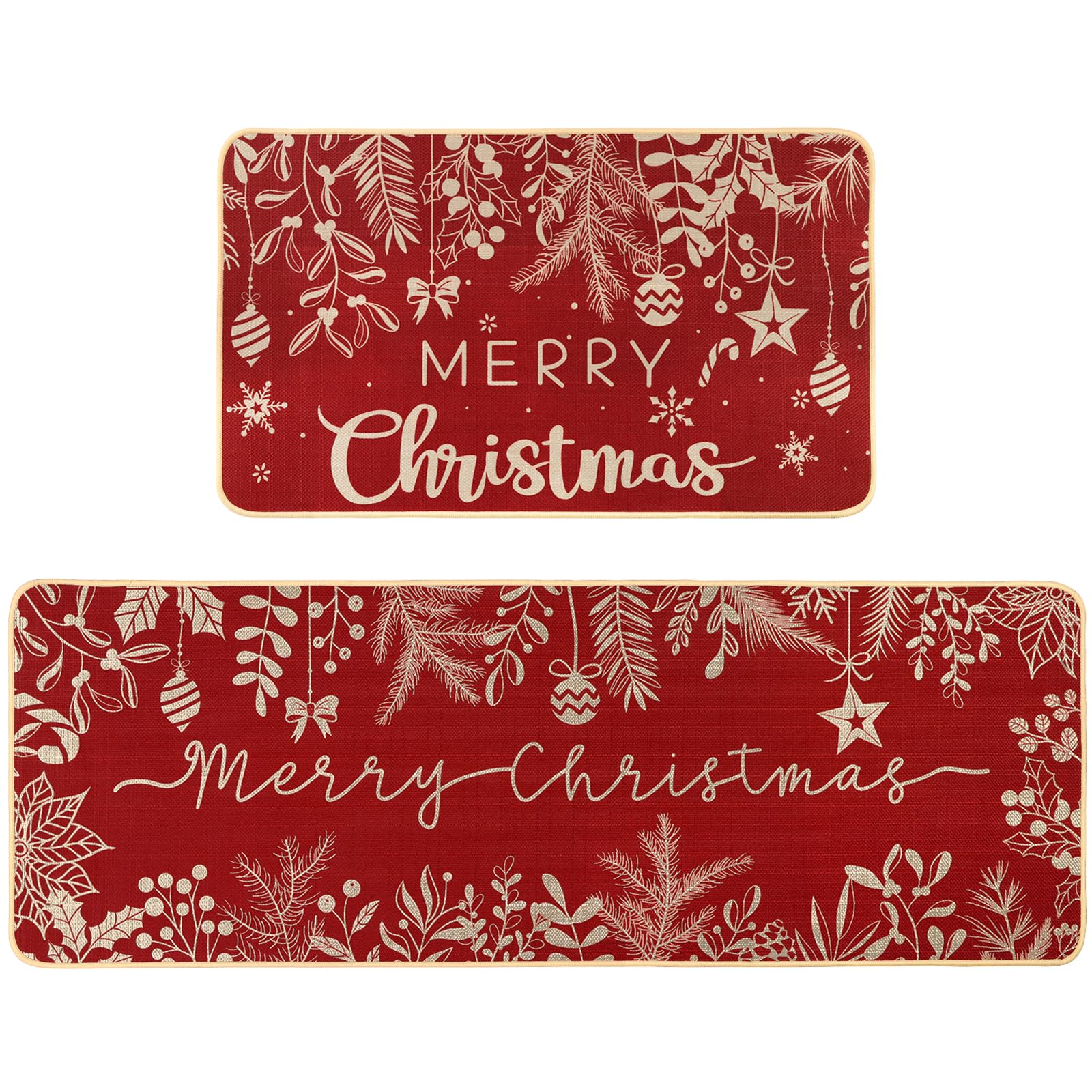 Christmas Kitchen Rugs Set of 2 - Non-Slip Holiday Floor Mats with Holly Pine Design for Xmas Decor, Red Winter Kitchen Mats for Farmhouse, Bedroom & Entryway - Perfect for Holiday Gatherings and Cozy Home Decor