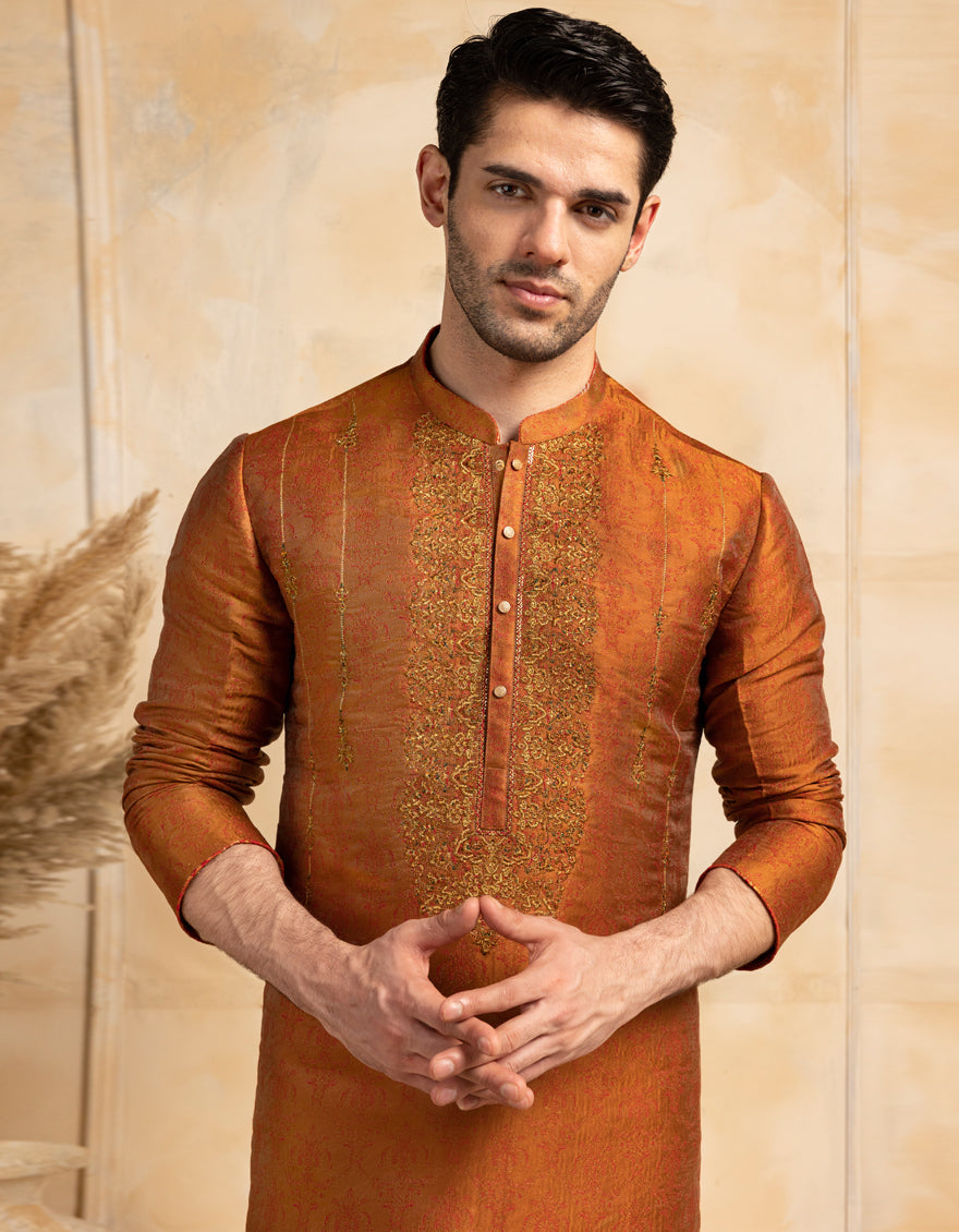 Blended Rust Special Kurta by J. Junaid Jamshed - Stylish Pakistani Traditional Wear for Men - Perfect for Eid, Weddings & Cultural Events