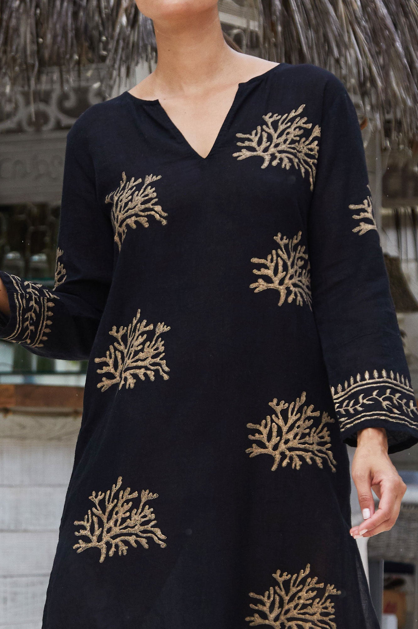 Guadalupe Maxi Tunic Dress for Women - Elegant Black & Gold Floral Print Long Tunic Top - Perfect for Boho Style, Beach Cover Up, or Casual Summer Outfits