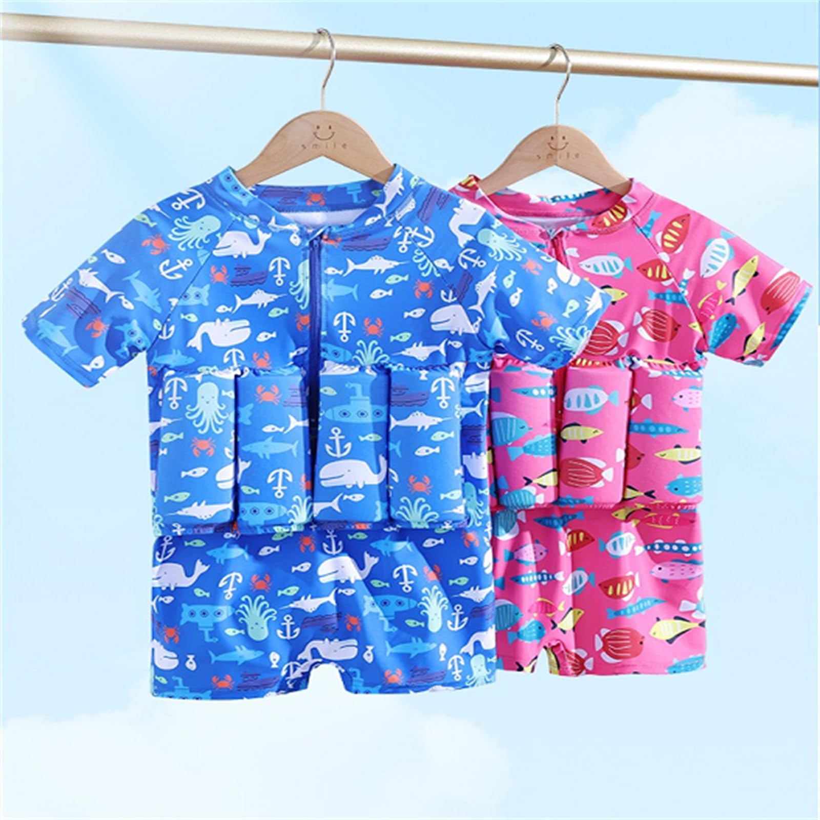 Kids Flotation Swimsuits - Baby Boys & Girls One-Piece Float Suit with Short Sleeves, Zip-Up Buoyancy Swim Vest & Cap | Safe Swimming, Pool & Beach Activities