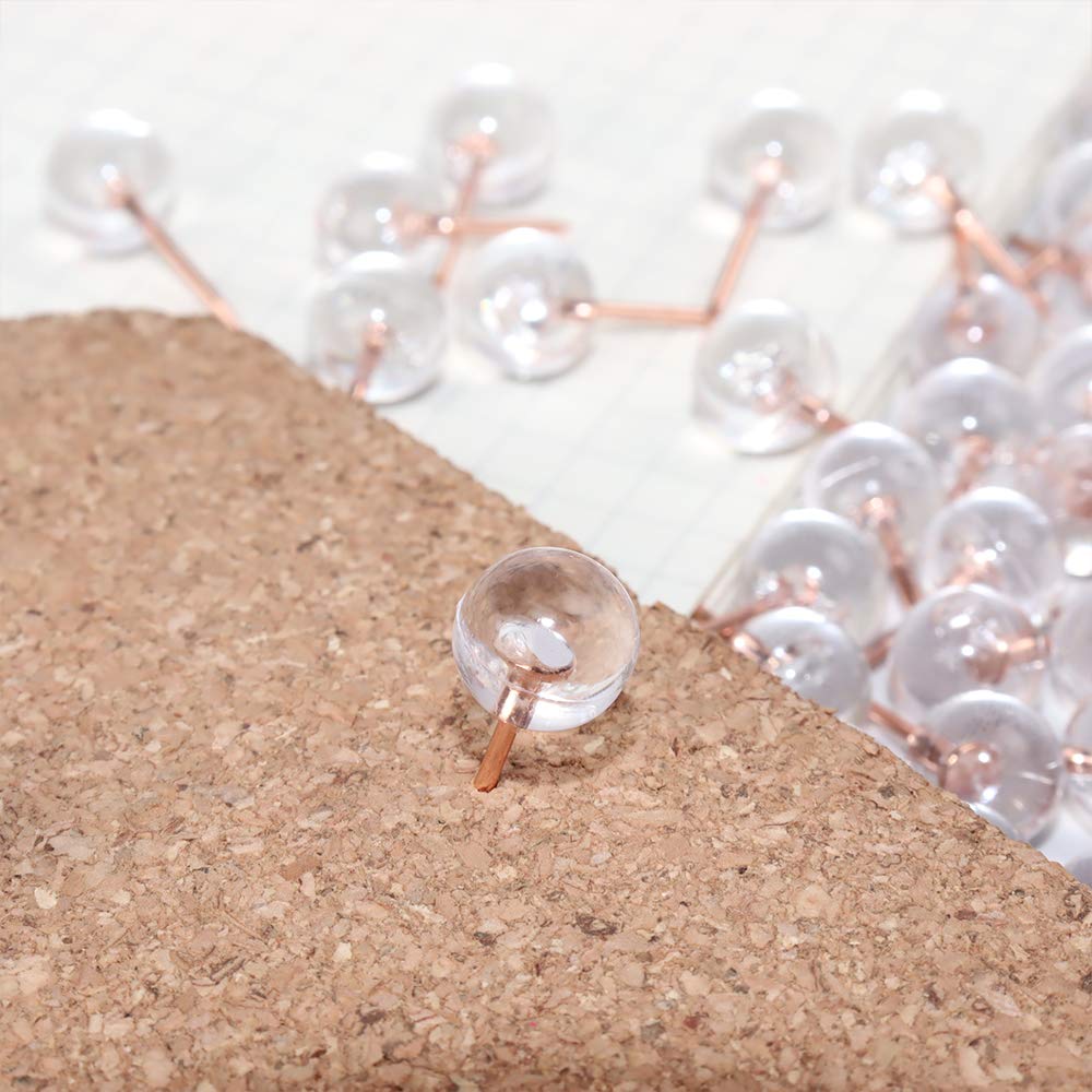 120-Count Rose Gold Steel Point Clear Round Head Push Pins - Thumb Tacks for Cork Board, Bulletin Board & Office Organization | Perfect for Home, School & Office Use