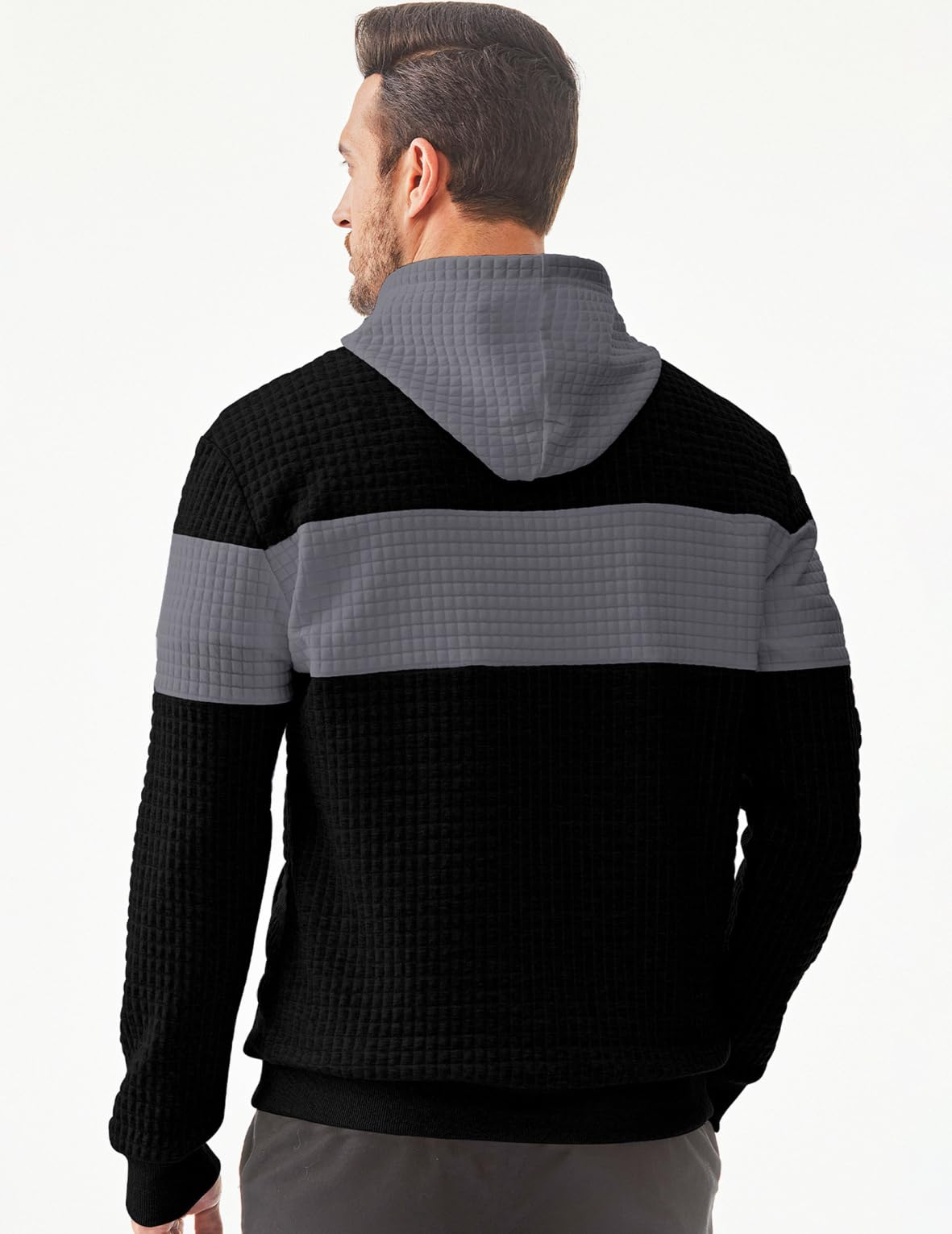 Men's Casual Hooded Waffle Knit Sweatshirt with Drawstring & Pockets | Color Block Long Sleeve Pullover for Streetwear & Loungewear