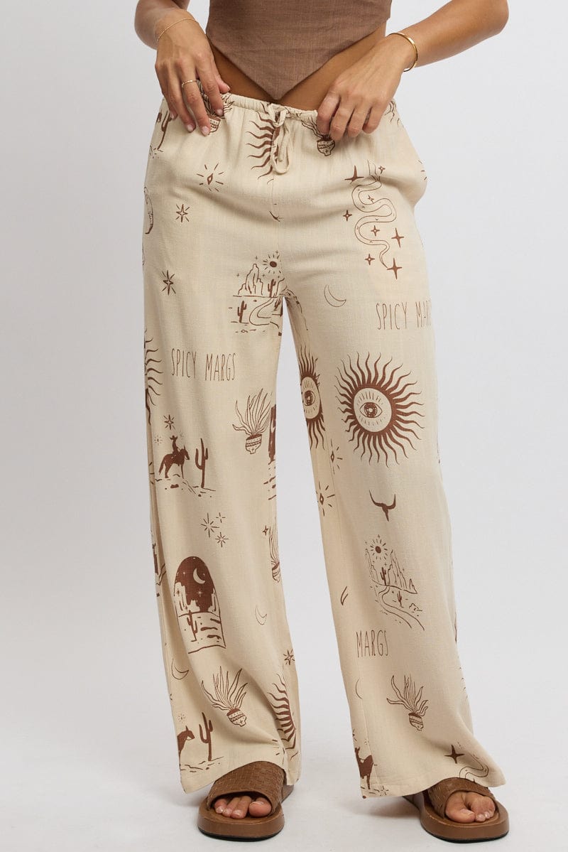 Beige Abstract Print High Waist Wide Leg Pants for Women - Boho Chic Lounge Pants for Casual Wear & Vacation Outfits