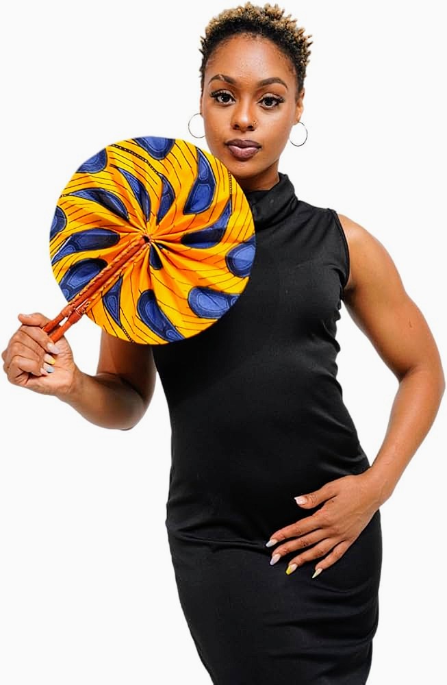 Dupsie's Khanita Foldable African Print Ankara Fan - Orange & Blue Peacock Pattern (DPPF3816) | Handheld Cooling Fan for Outdoor Events, Weddings & Cultural Celebrations