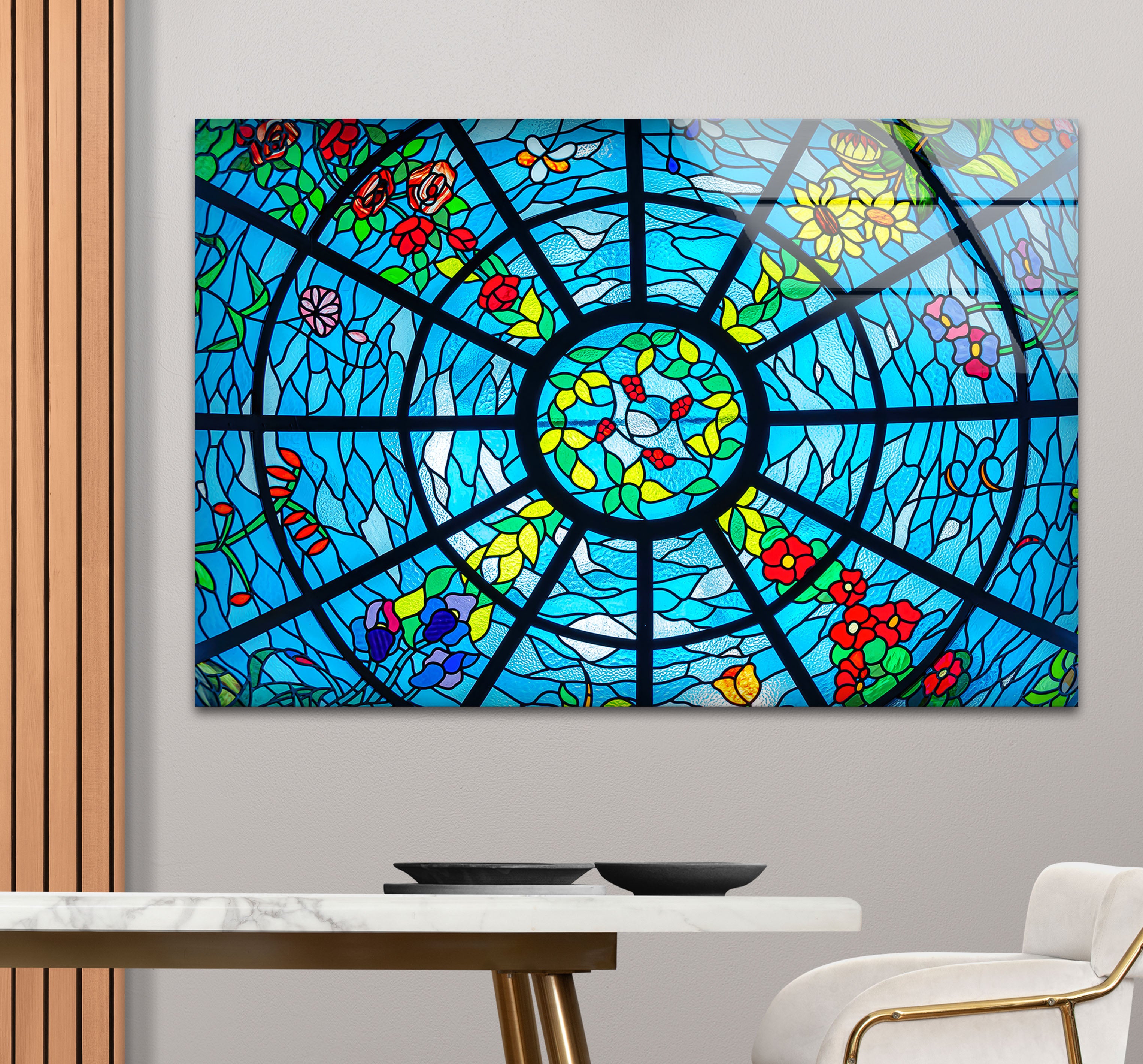 Blue Stained Glass Wall Art - Vibrant Floral & Ocean Window Design for Home & Office Decor | Perfect for Living Room, Bedroom, or Office Wall Decorations