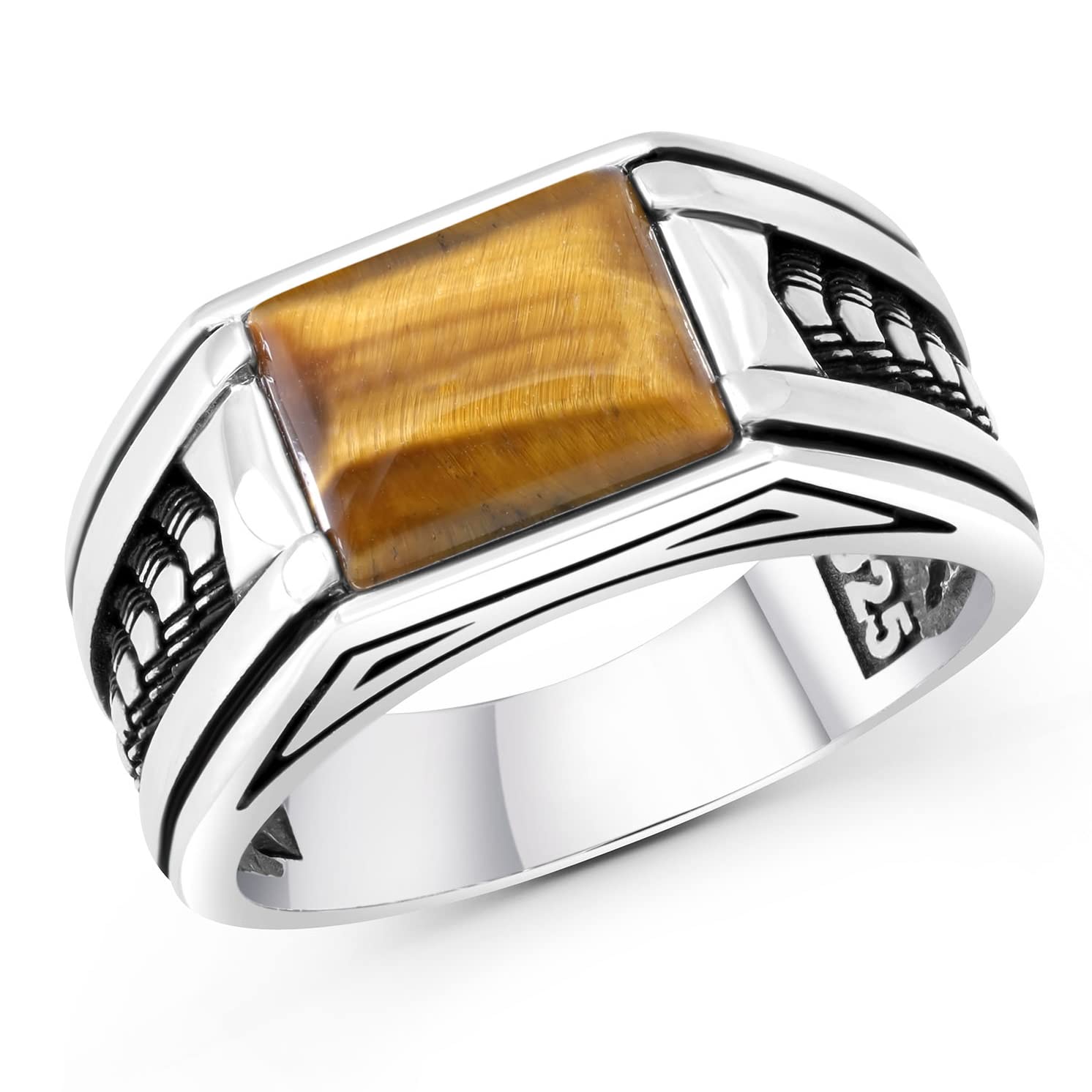 Handmade Sterling Silver Rings for Men with Arrow Pattern - Onyx, Turquoise & Tiger Eye Gemstone Jewelry | Durable Mens Rings for Casual Wear, Gifts & Special Occasions