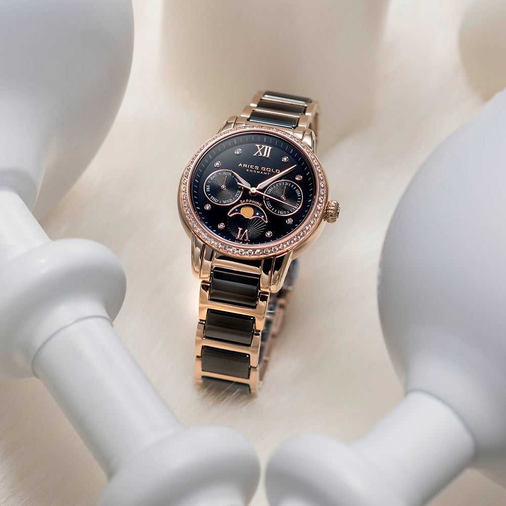 Aries Gold Enchant Luna L 58010L RG BKMP Women's Luxury Watch - Elegant Rose Gold & Black Timepiece for Business, Party & Special Occasions