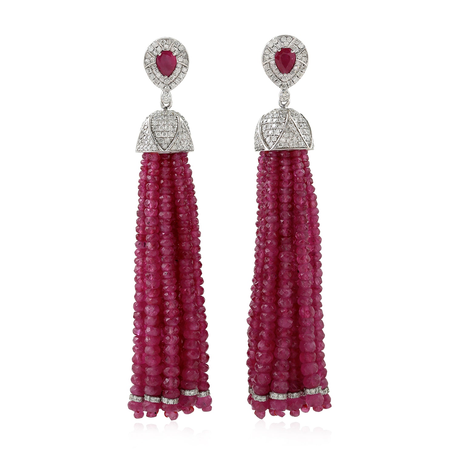 18K White Gold Faceted Ruby Gemstone Beads with Pave Diamond Tassel Earrings - Elegant Dangling Earrings for Weddings, Parties & Special Occasions