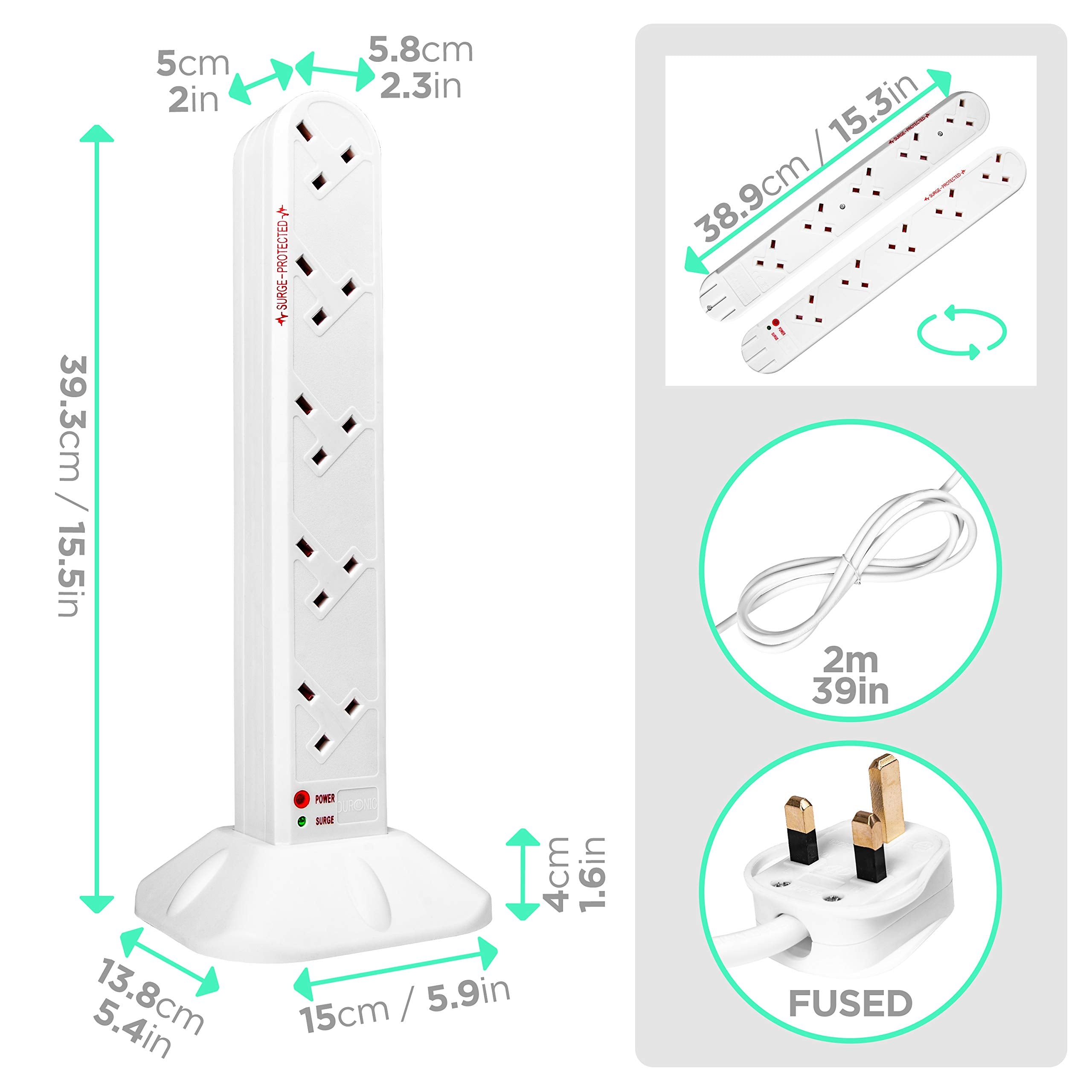 Duronic 10-Way Surge Protected Extension Lead with UK Plugs | 10 Outlet Power Strip with Spike Protection | White Multiplug Adapter for Home, Office & Workshop | Long Power Cord for Multiple Devices