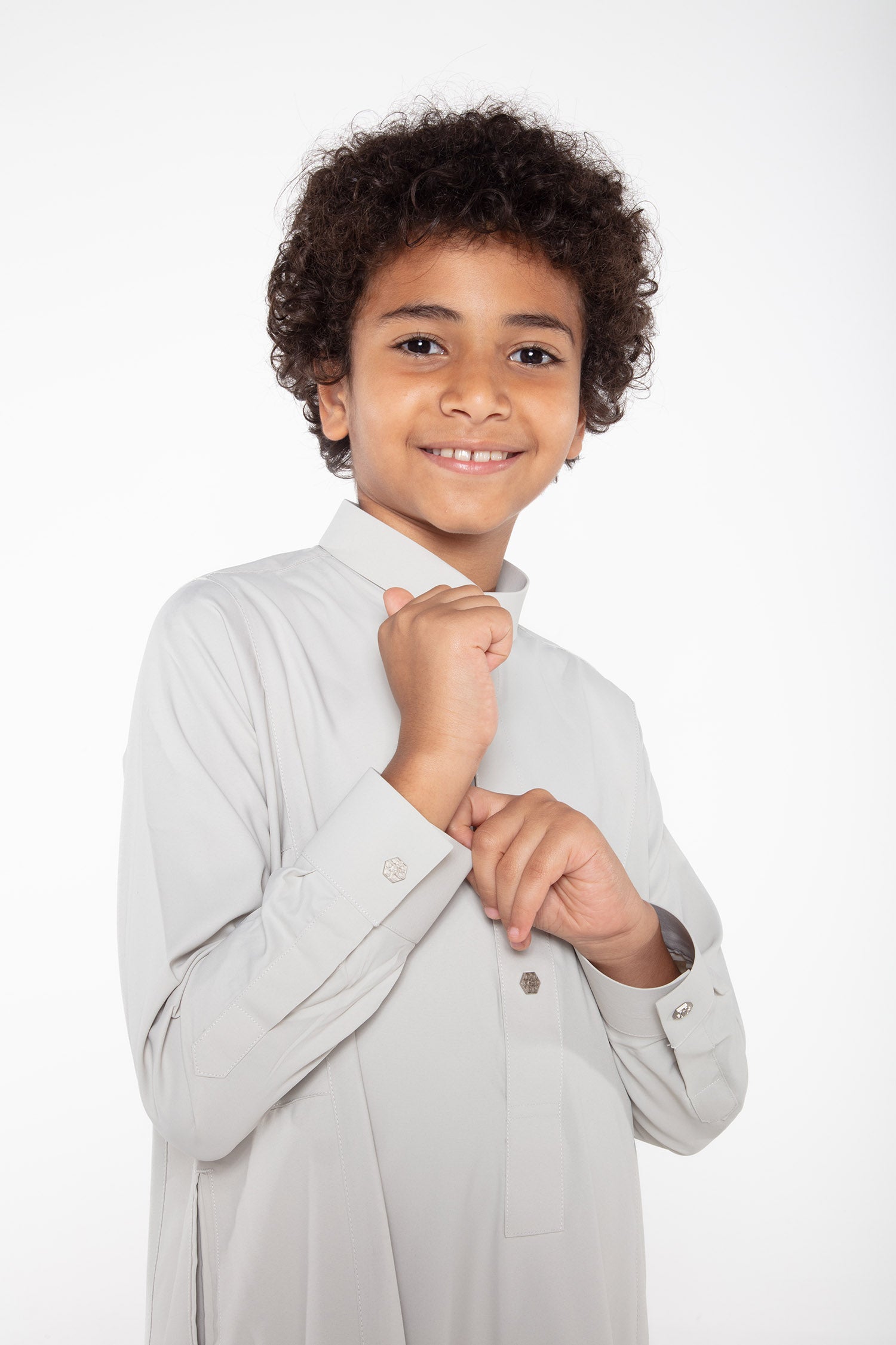 J109 Boys Foggy Grey Tuxedo Thobe - Elegant Islamic Formal Wear for Kids - Perfect for Eid, Weddings & Special Occasions