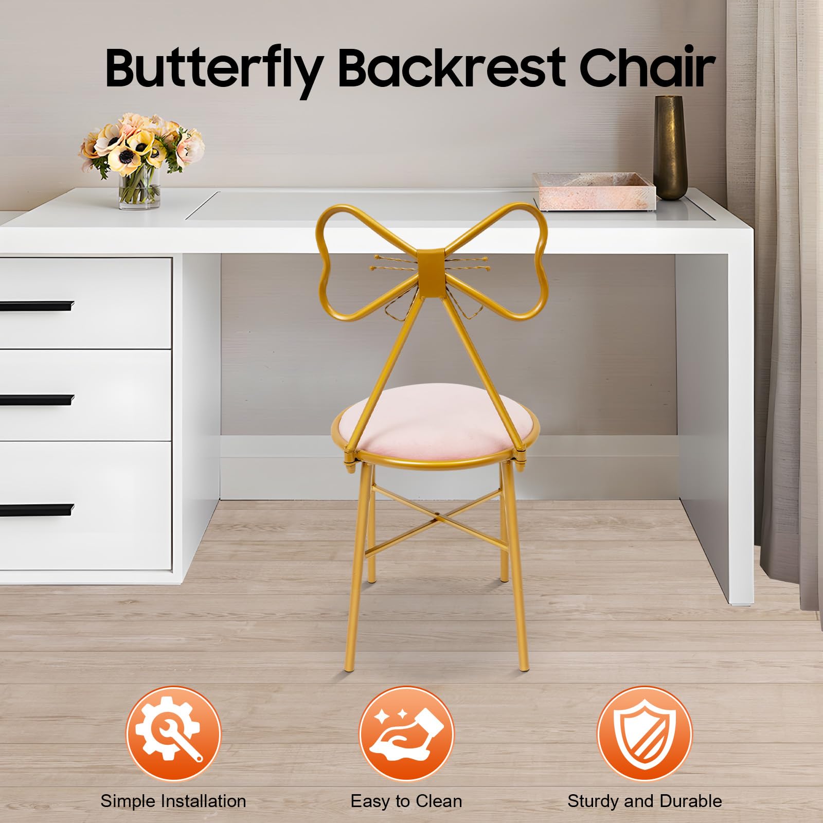 Elegant Pink Velvet Vanity Stool with Butterfly Bow Tie Backrest & Metal Frame - Comfortable Dresser Seat for Bedroom, Makeup, Lounge - Also Perfect for Kitchen, Pub, Breakfast Nook & Coffee Dining Areas