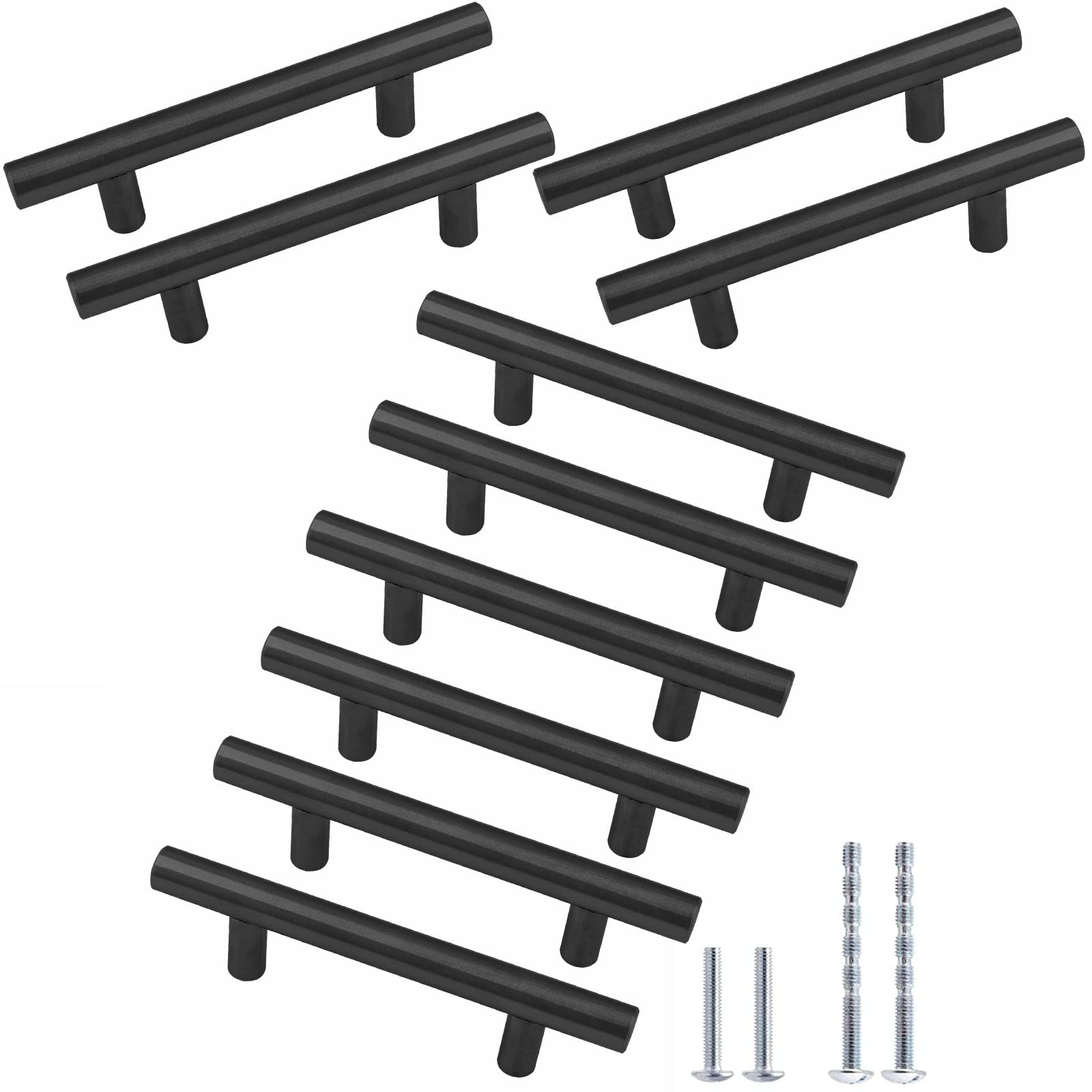 10 Pack Matte Black Cabinet Pulls - 3 Inch (76mm) Round Bar Dresser Handles - Stainless Steel Kitchen Drawer Pulls for Cupboard, Wardrobe & Vanity - Durable Cabinet Hardware for Modern Home Decor