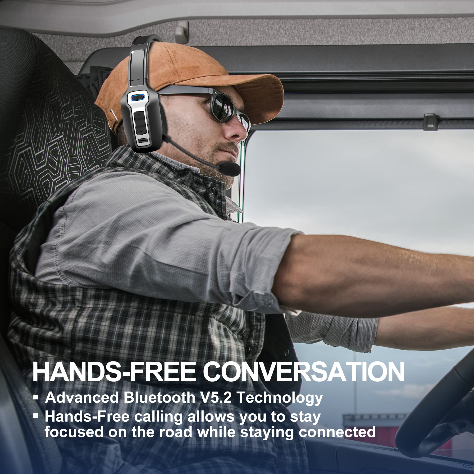 Upgraded Trucker Bluetooth Headset V5.2 - Wireless Headphones with AI Noise Canceling Microphone & Mute Function for Drivers, Office & Call Center - Hands-Free Communication for Professional Trucking, Business Calls & Remote Work