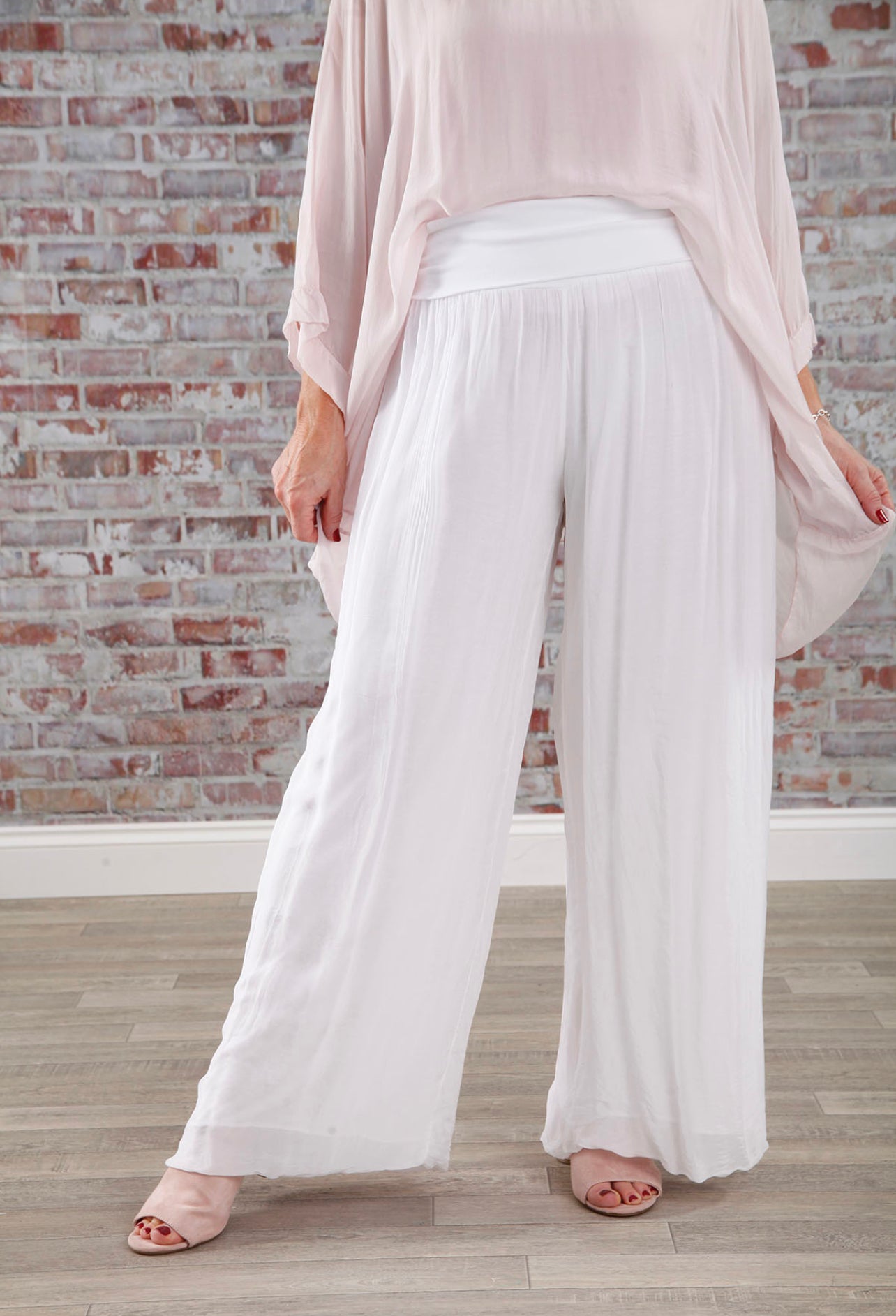 Elegant White Silk Palazzo Pants for Women - Comfortable & Flowy Wide Leg Trousers for Casual Wear, Office, and Special Occasions