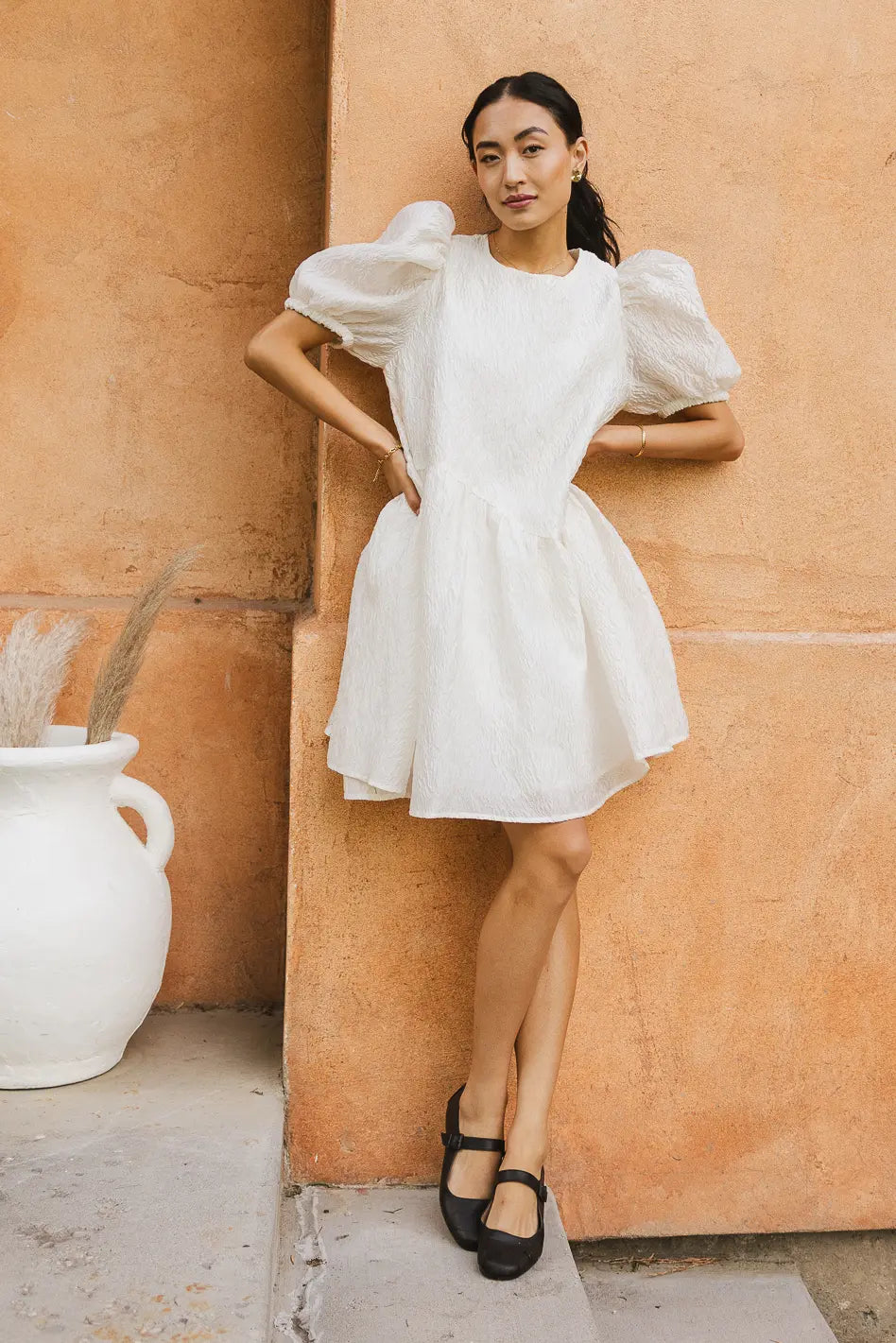 Maison Textured Mini Dress in White - Women's Elegant Party Cocktail Dress for Evening Events & Special Occasions | FINAL SALE