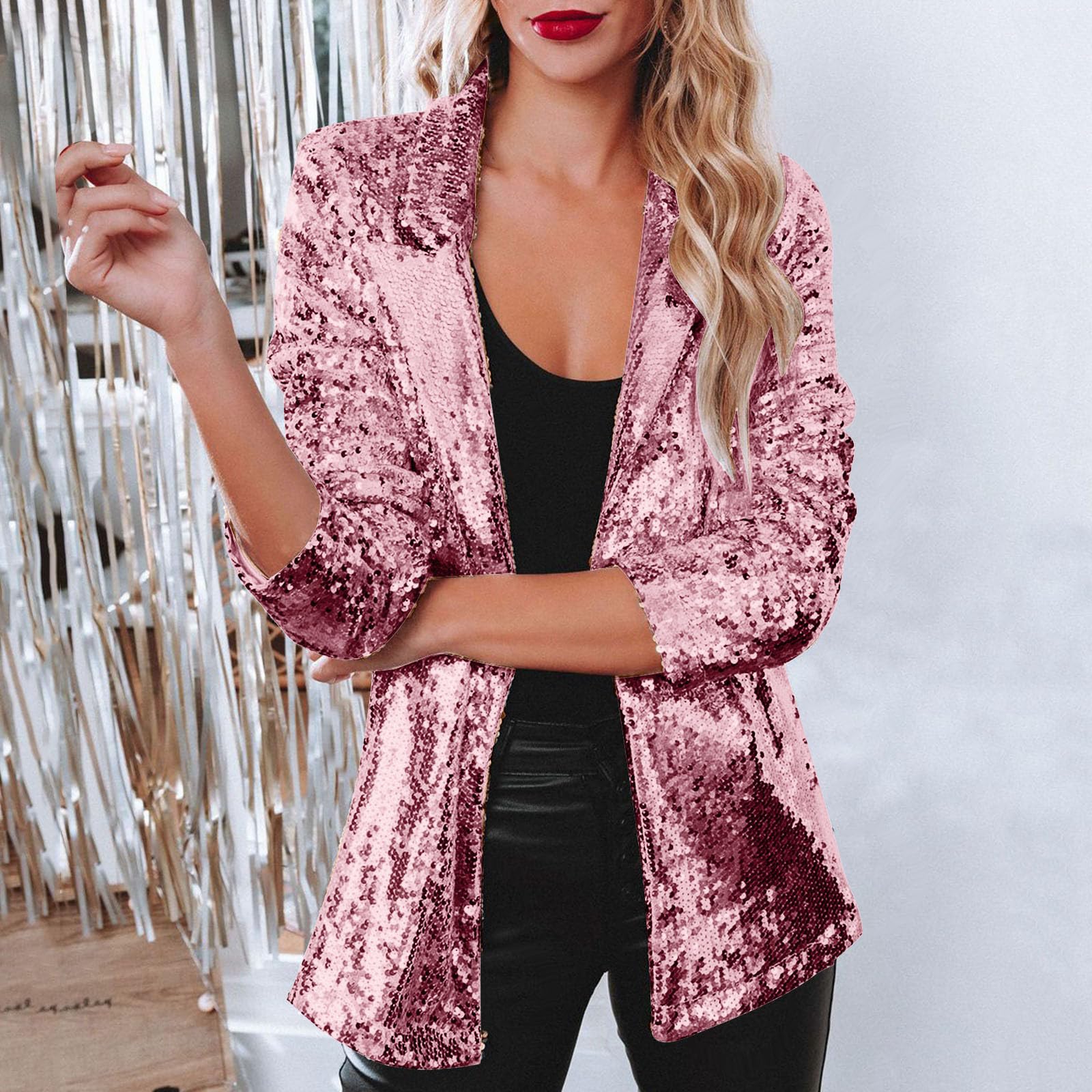 Women's Sequin Blazer Jacket - Sparkle Glitter Coat with Long Sleeves & Lapel Open Front | Party, Cocktail & Evening Outfits | Hot Pink | Clearance Sale | Perfect for Night Out, Club, Wedding & Special Occasions