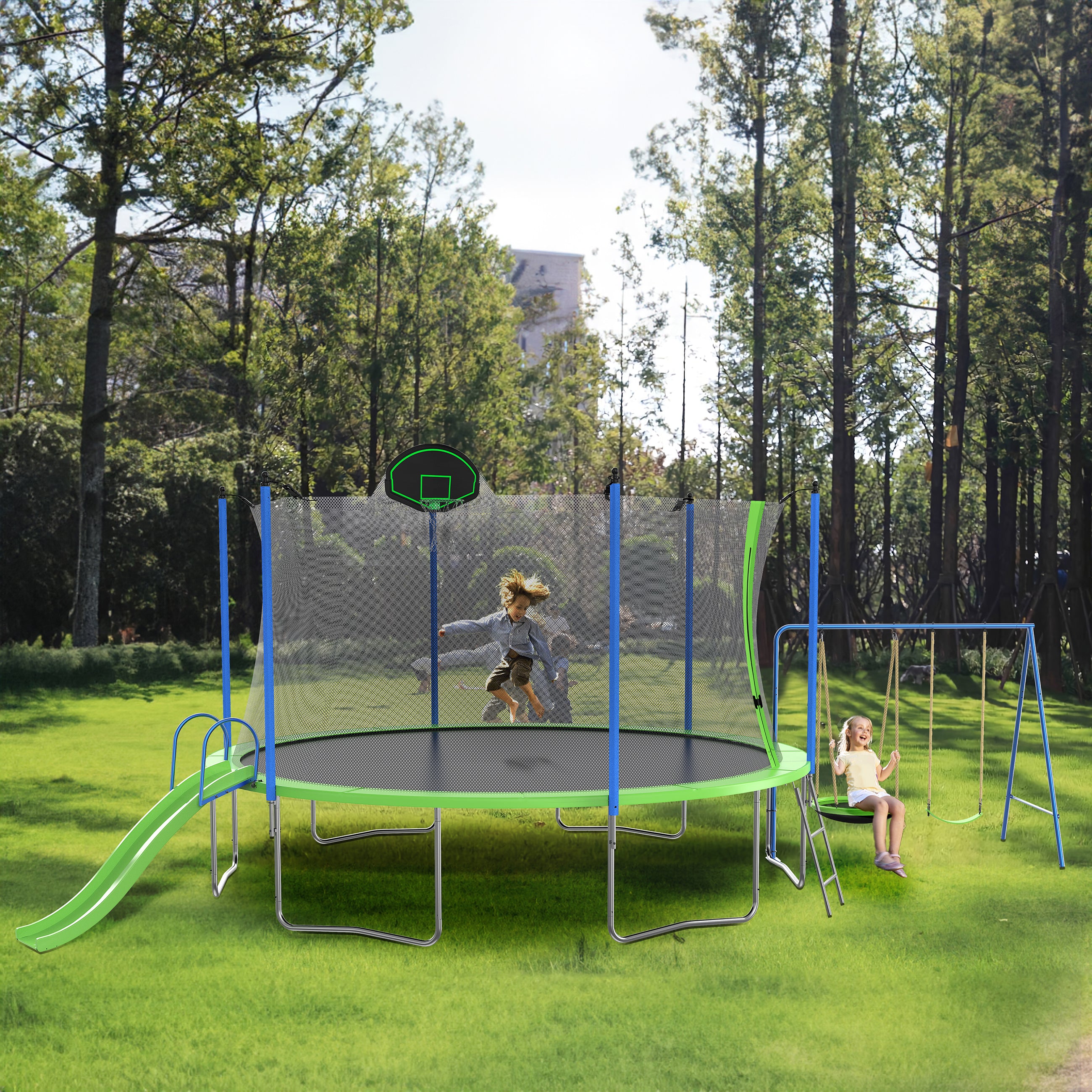 14FT Outdoor Trampoline with Slide, Swings, Basketball Hoop & Ladder - ASTM Approved Large Recreational Bouncer with Safety Enclosure Net for Kids & Adults - Perfect for Backyard Fun, Family Exercise & Outdoor Playtime