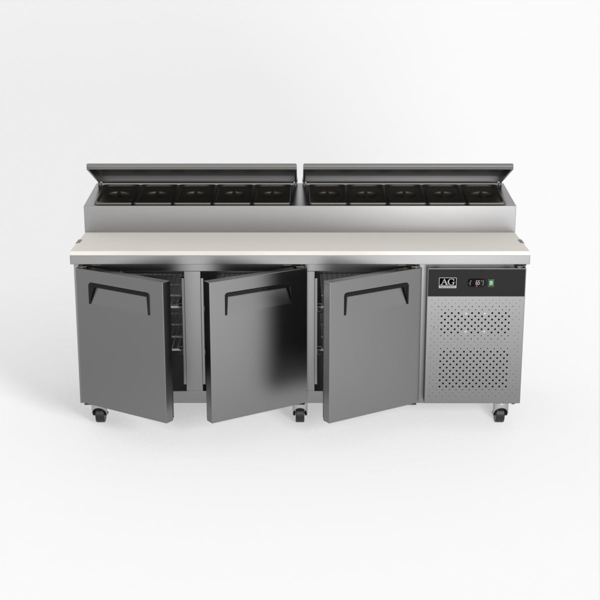 AG 3 Door Commercial Saladette Refrigerator - Holds 10 x 1/3 GN Trays - Perfect for Restaurants, Delis & Catering Businesses