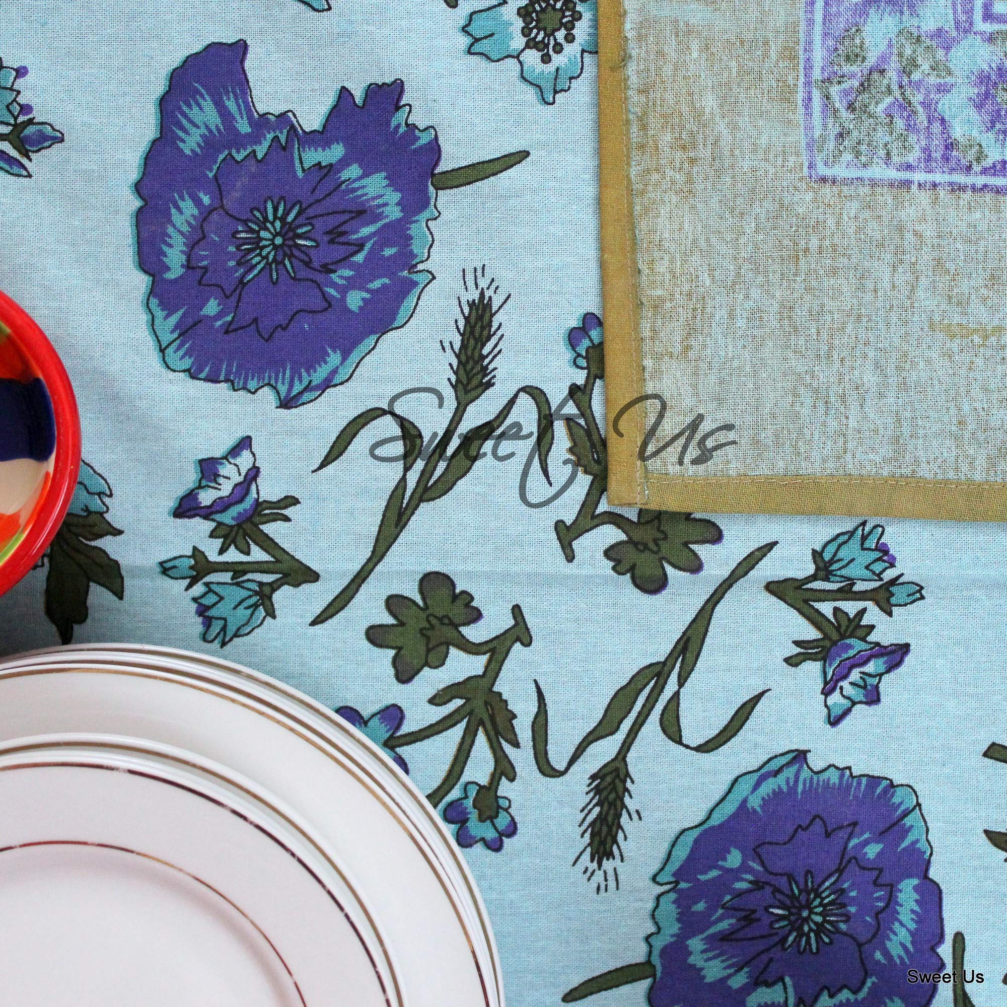 Olive Green Blue Purple Floral Vine Cotton Tablecloth - 70 x 106 Inch Rectangle Table Cover for Indoor & Outdoor Dining, Parties, Picnics & Home Decor