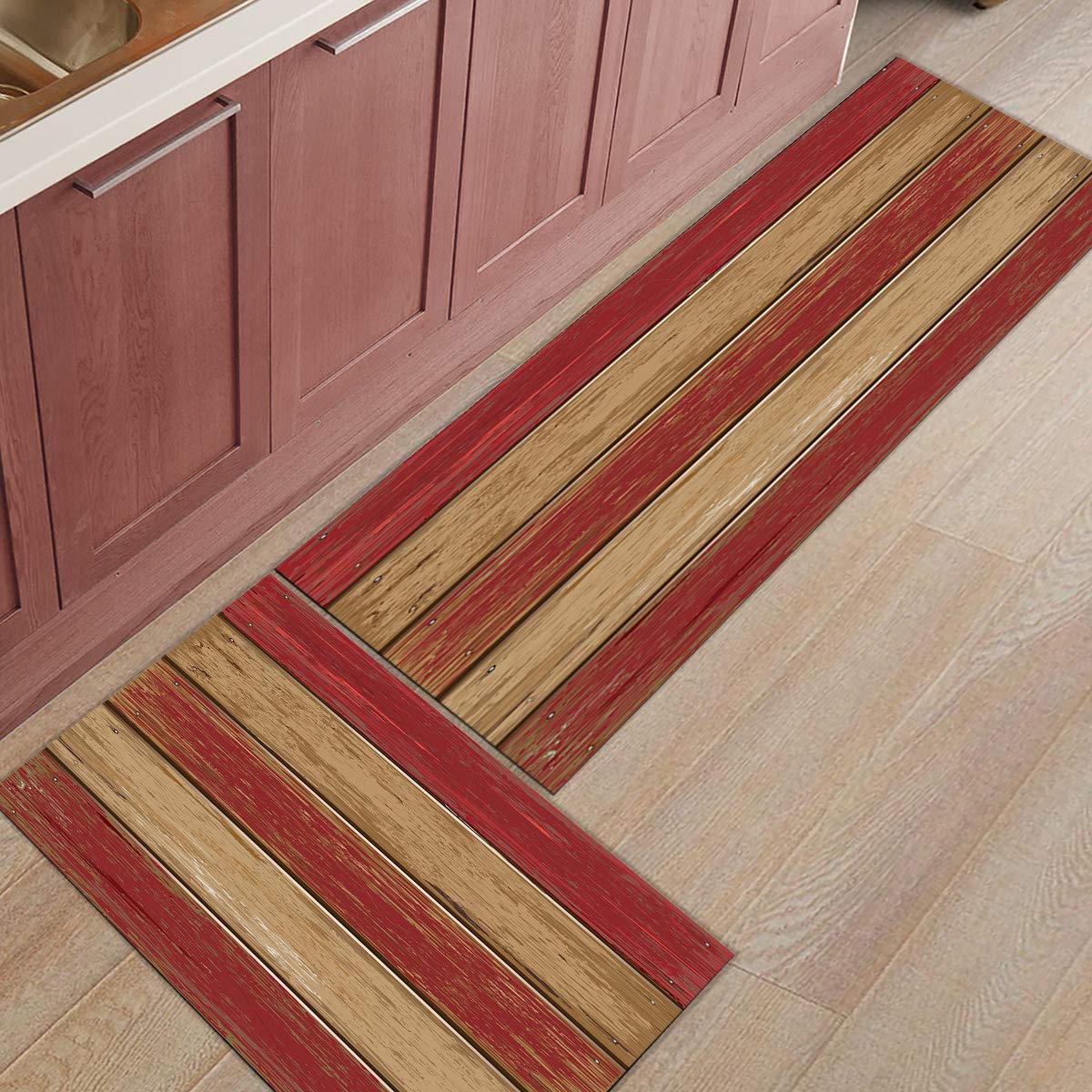 Vintage Style Kitchen Rugs Set of 2 - Non-Slip Absorbent Doormats with Rubber Backing, 15.7