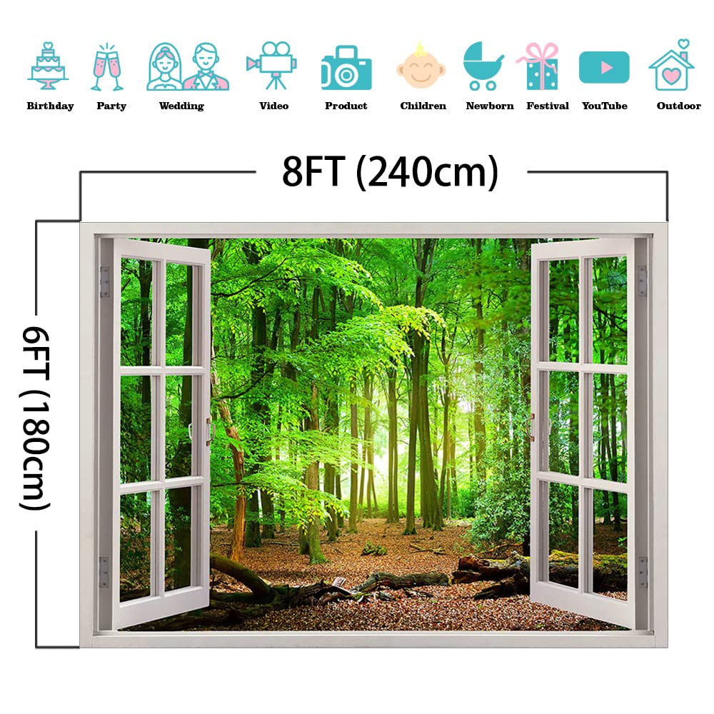 8x6ft Green Forest Trees Backdrop - Spring Window View Nature Scenery Wall Decoration for Baby Kids Portrait, Party Banner & Photo Booth Props | Perfect for Birthday Parties, Baby Showers, and Indoor Photography