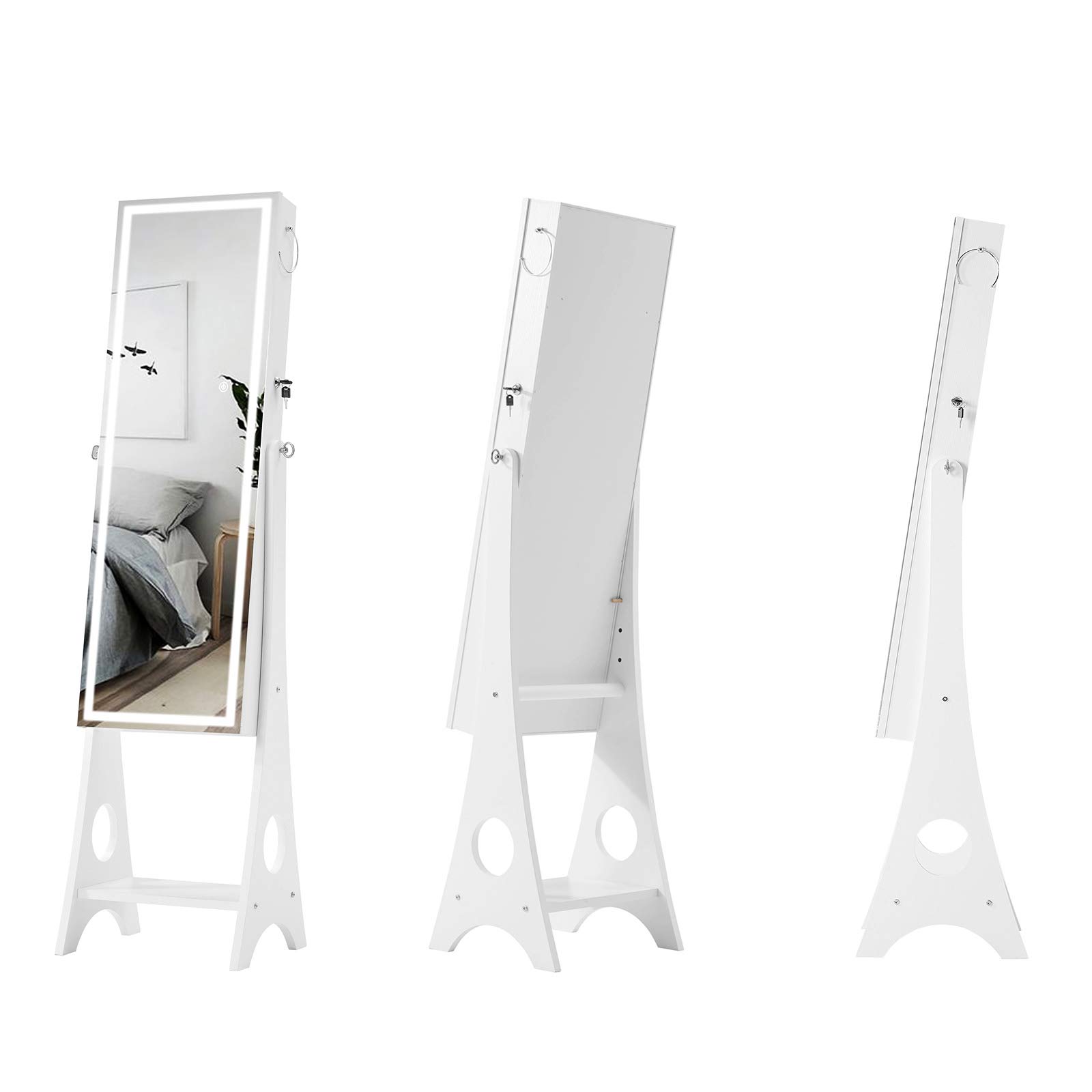 6 LED Jewelry Mirror Armoire Organizer - Lockable Standing Jewelry Cabinet with Full-Length Dressing Mirror, Large Storage Capacity & 3 Adjustable Angles, White - Perfect for Bedroom, Closet & Vanity Organization
