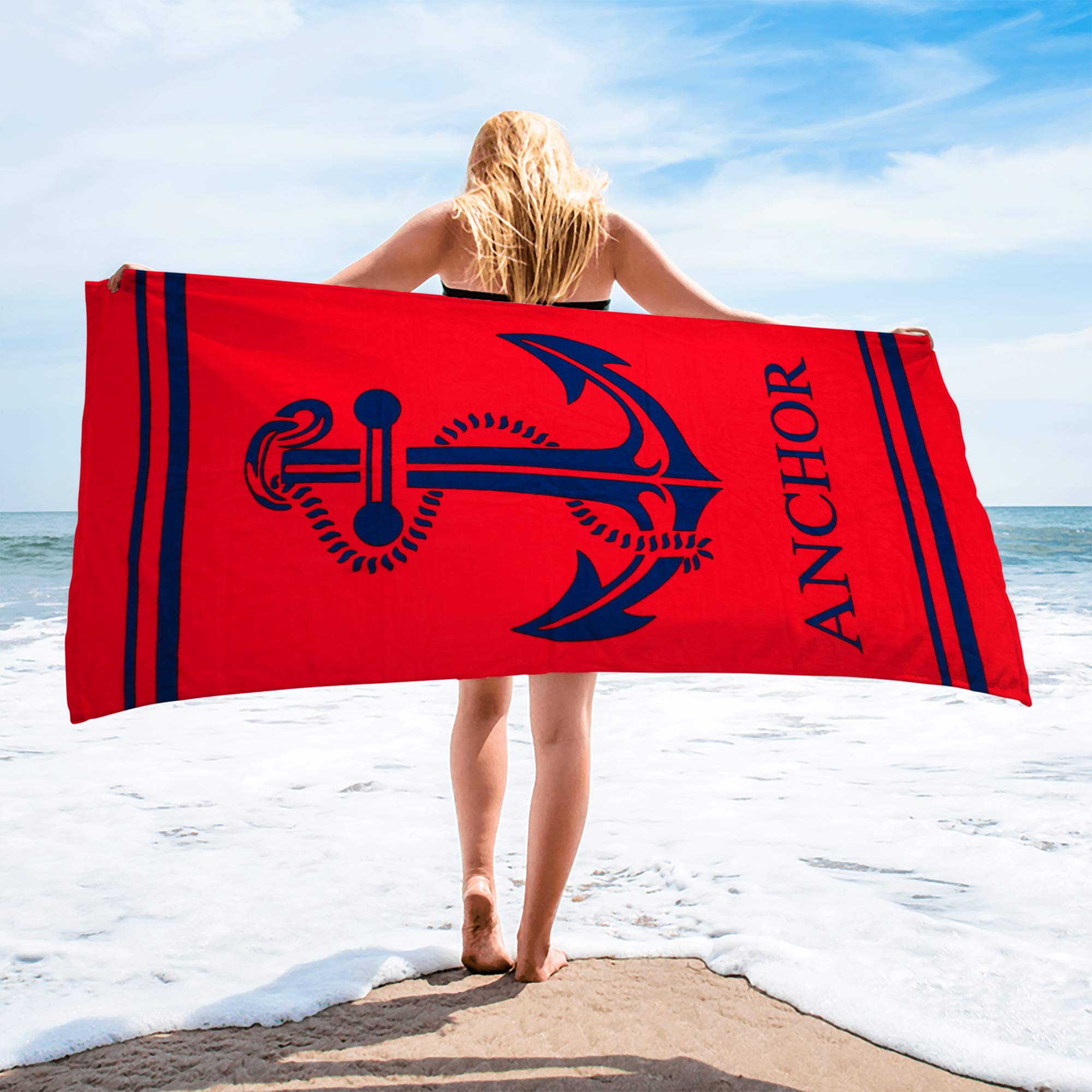 Premium 100% Cotton Anchor Red Beach Towel - Soft, Absorbent & Quick-Drying for Pool, Beach & Outdoor Activities
