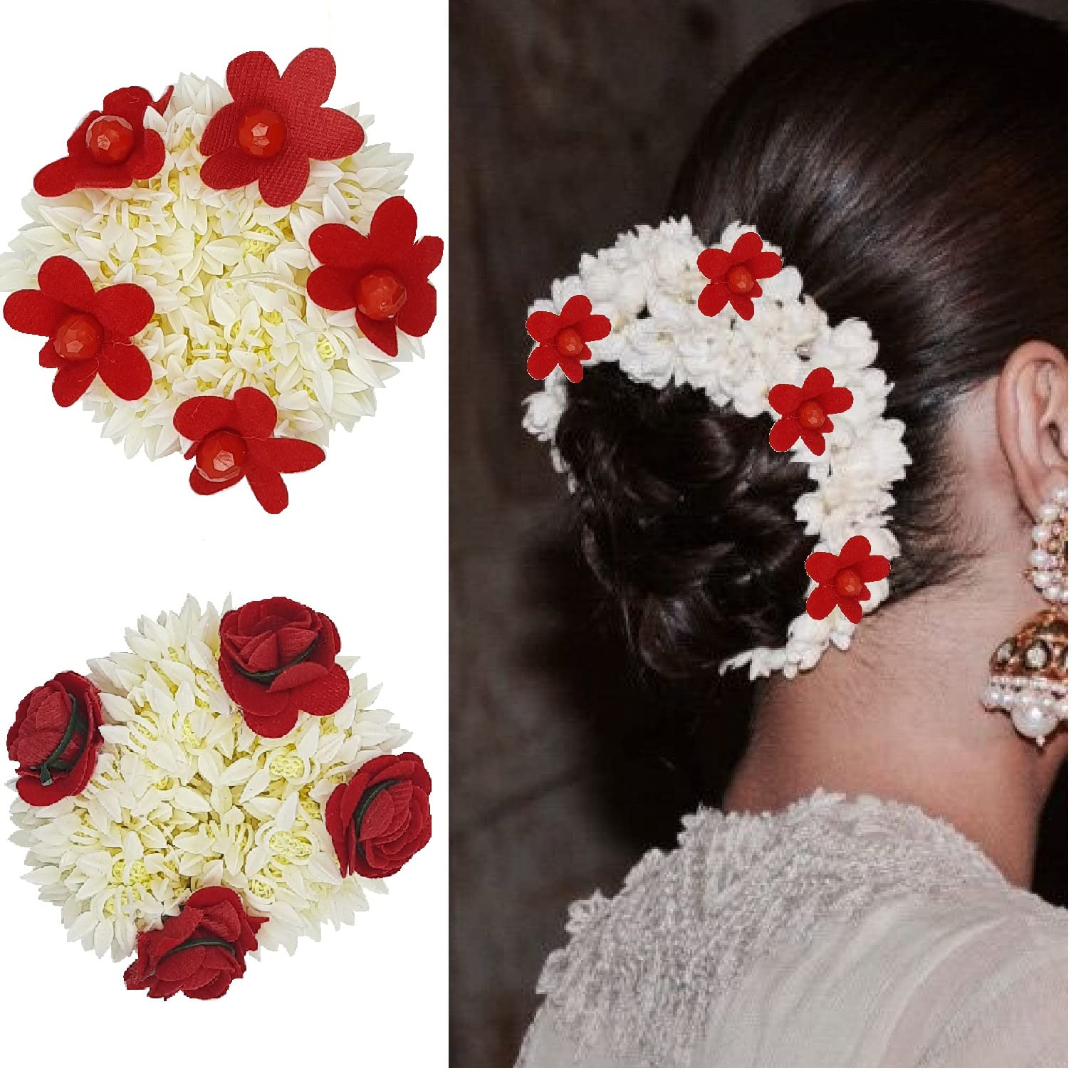 Karki Fusion Artificial Rose Mogra White Gajra Hair Accessories - Rubber Band for Women (Pack of 2) - White with Red Rose - Perfect for Weddings, Parties & Traditional Indian Hairstyles