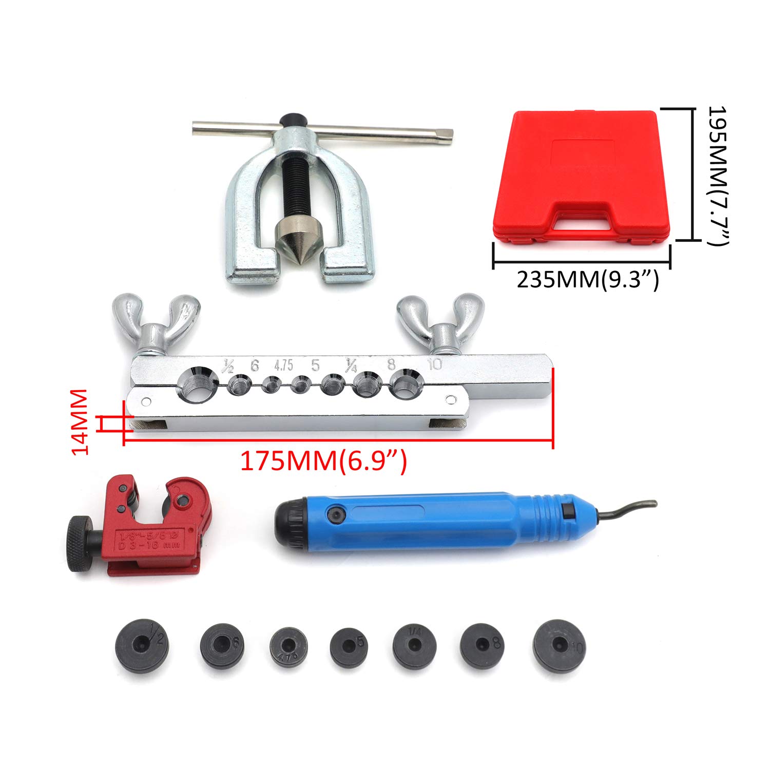 HK-7 Dies Double Flaring Tool Kit for Brake Lines - Professional Copper & Brass Tubing Flaring Tool with Case - Perfect for Car, Truck, and Mini Pipe Repair - Includes Cutter & Deburrer (ET-TOOL025-RED) - Ideal for DIY Auto Maintenance and Professional Mechanic Workshops