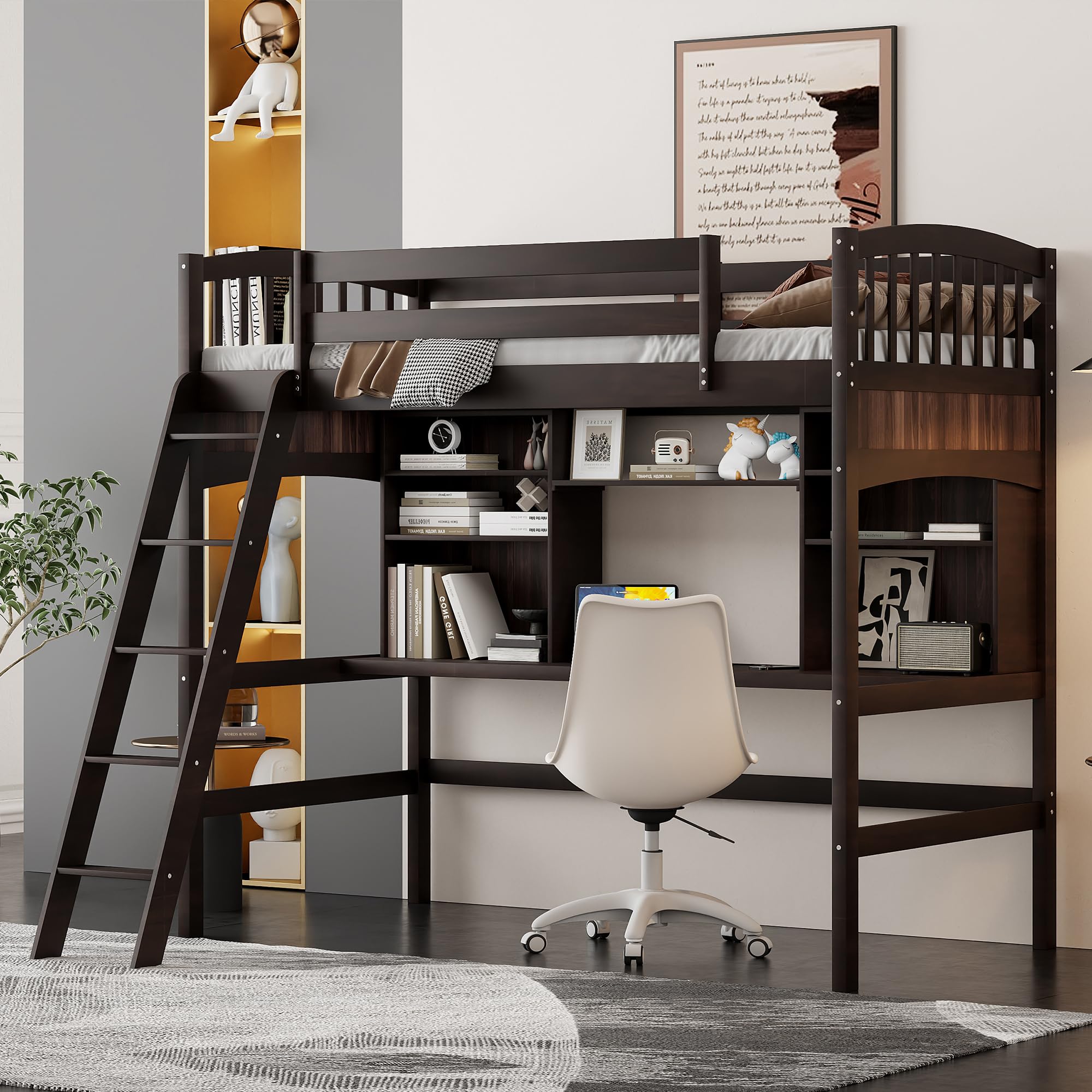 Merax Twin Size Loft Bed with Desk and Shelves - Solid Wood Frame in Espresso Finish - Perfect for Small Spaces, Kids Rooms & College Dorm Furniture