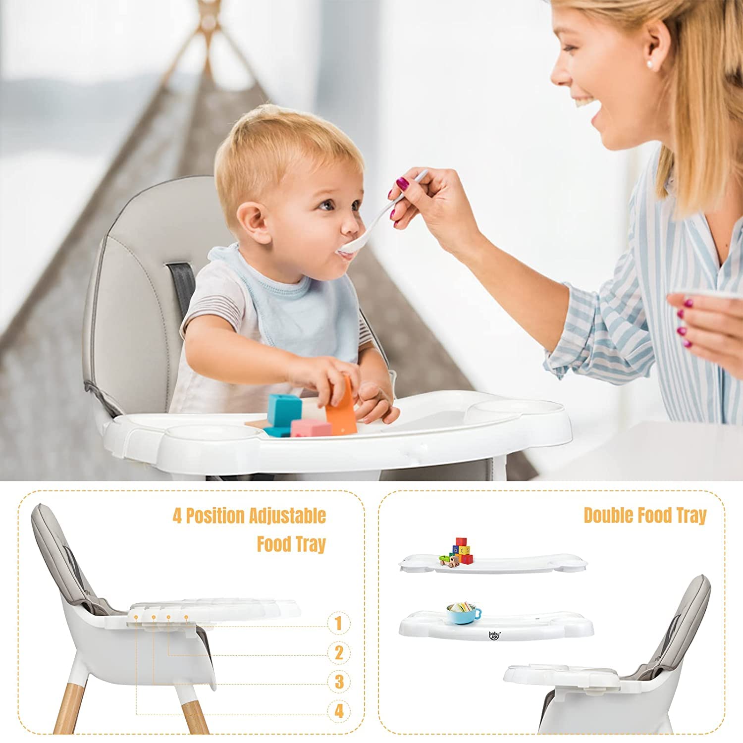 BABY JOY 5-in-1 Convertible High Chair for Babies & Toddlers - Wooden Booster Seat with 5-Point Harness, 4-Position Removable Tray & PU Cushion - Gray - Perfect for Dining, Feeding & Playtime at Home or Restaurant