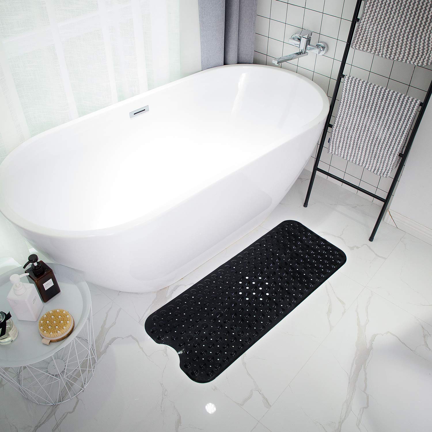 TEESHLY Extra Long Non-Slip Bathtub Mat with Drain Holes & Suction Cups - Machine Washable Shower Mat for Bathroom Safety (Black) - Perfect for Elderly, Kids & Wet Floors