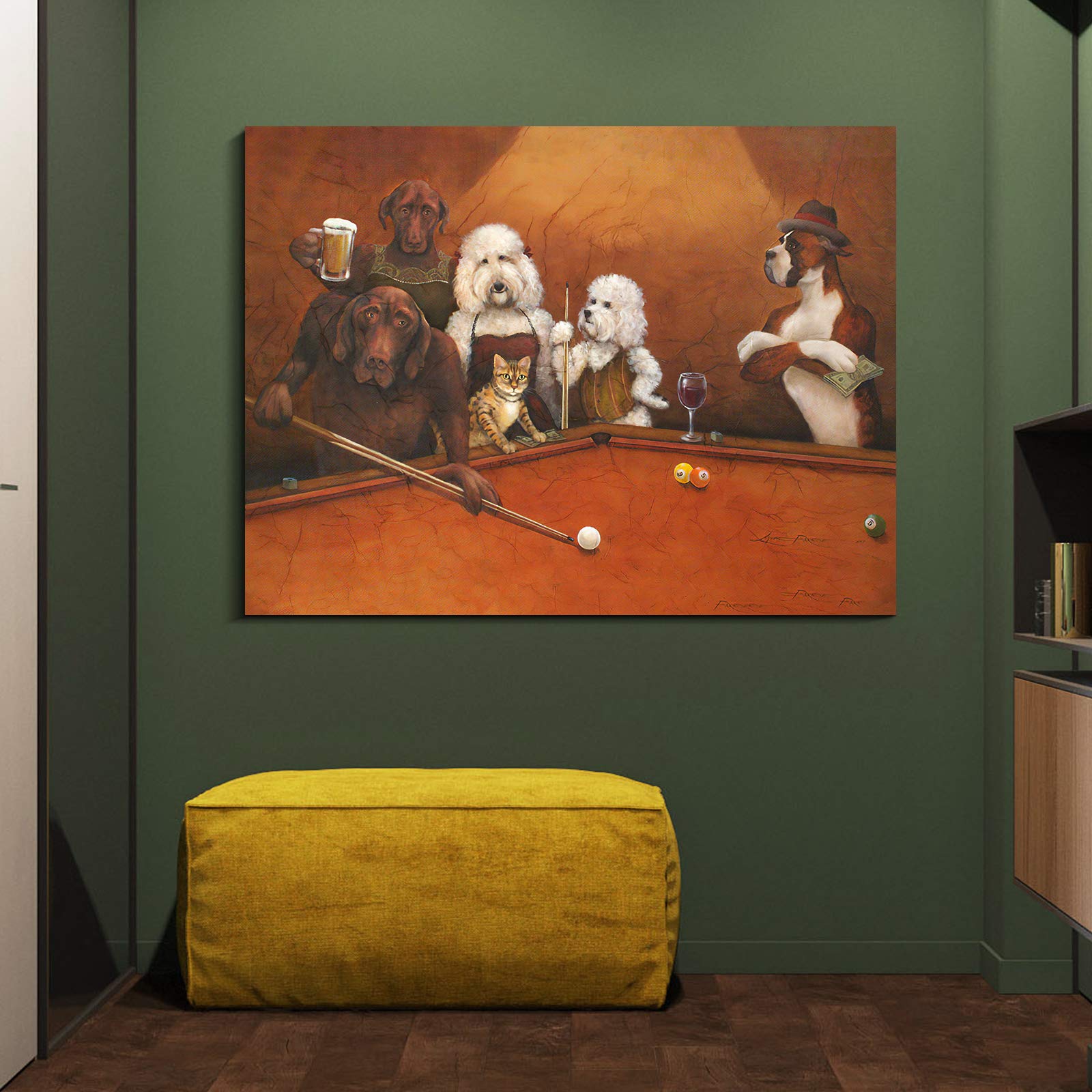 Denozer Dogs Playing Pool Oil Painting Reproduction - Cassius Marcellus Coolidge Billiards Art Giclee Canvas Print, 40x30 Inch Ready to Hang Wall Decor for Game Room, Man Cave or Entertainment Space