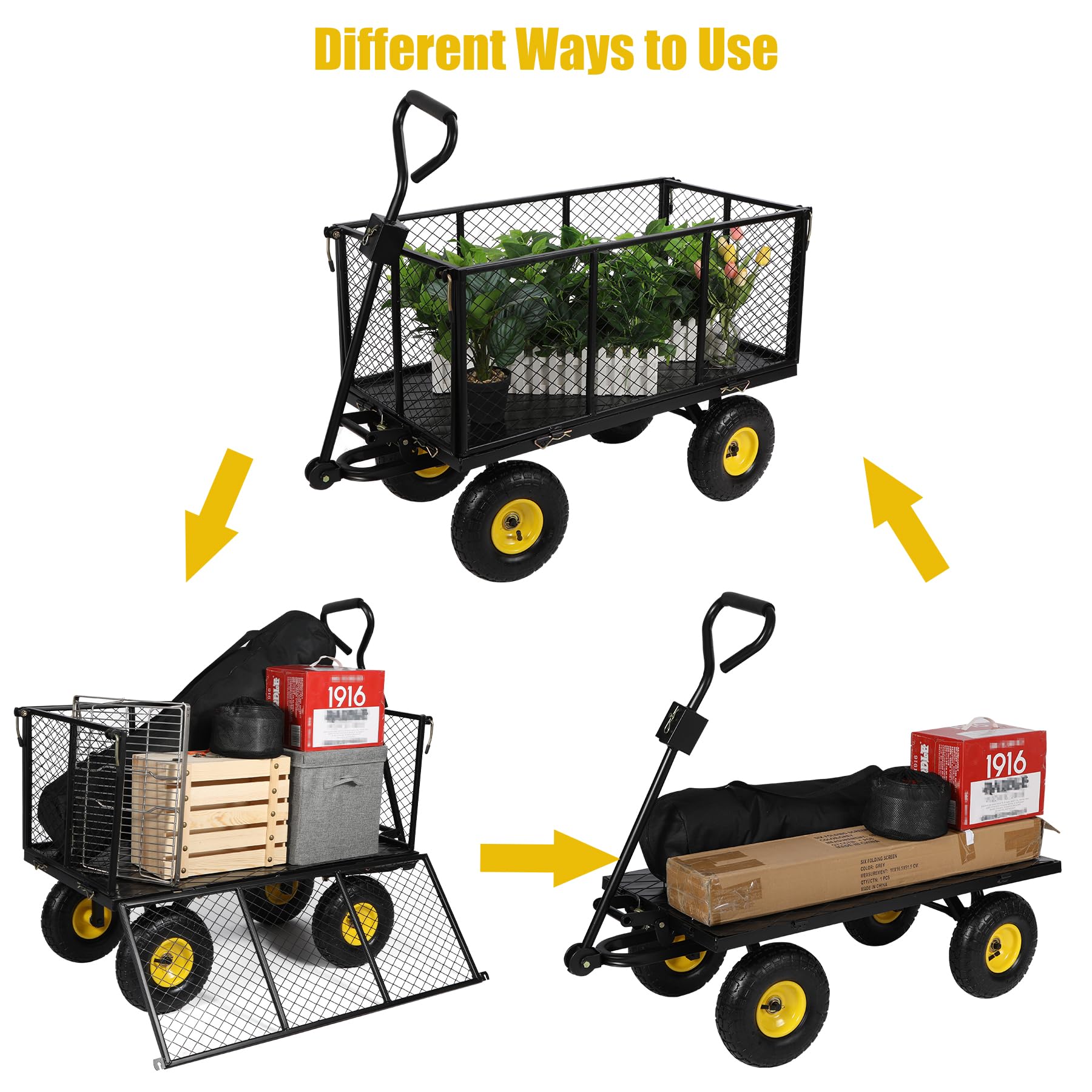 Heavy Duty 800lbs Oversized Steel Dump Garden Cart with Removable Sides & 10