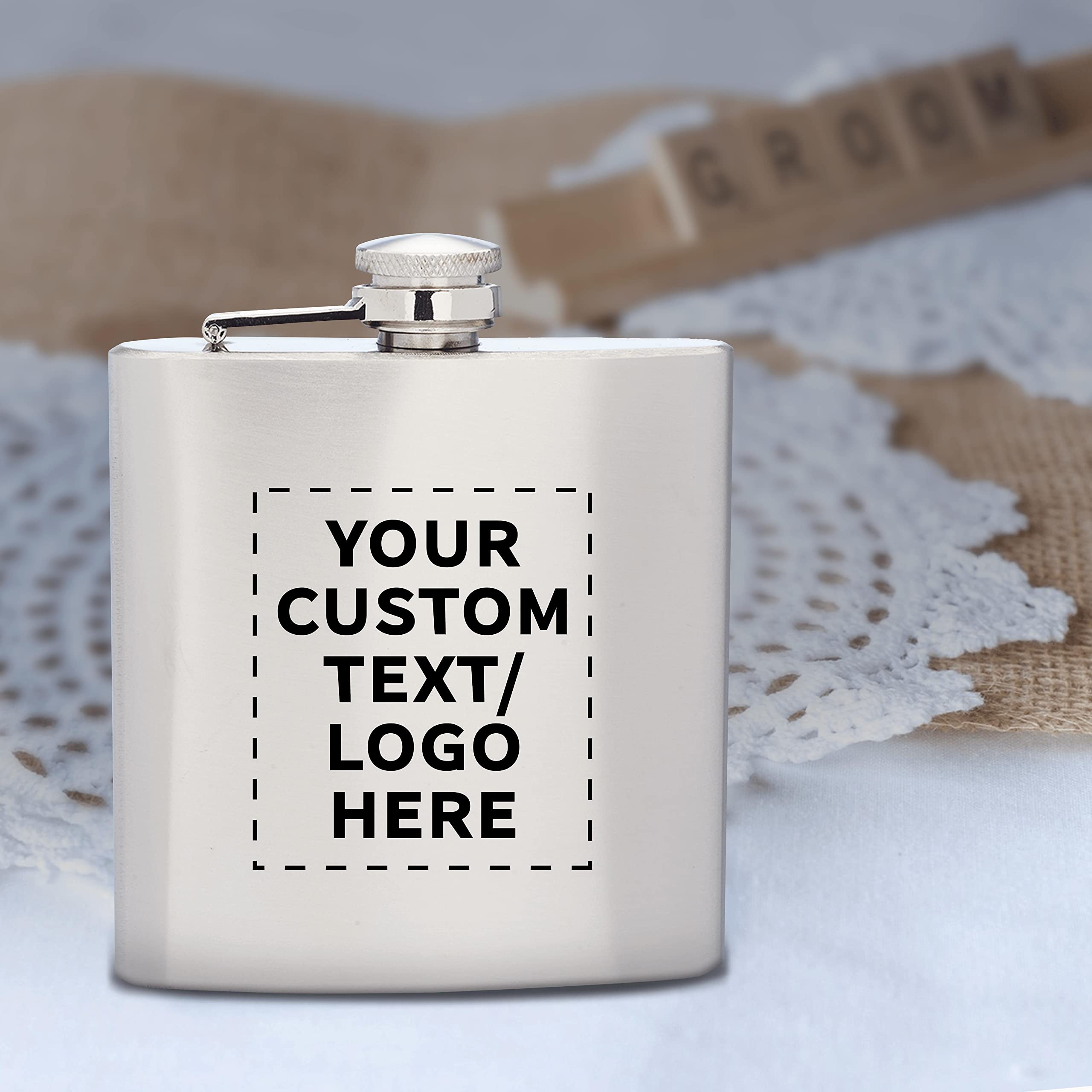 Personalized Stainless Steel Hip Flasks 6 oz (Set of 50) - Custom Engraved Wedding Party Gifts, Groomsmen Gifts & Outdoor Accessories - Screw Top Cap, Durable Silver Flasks for Camping, Hiking, Travel & Special Occasions