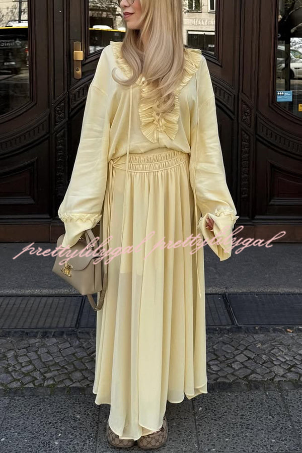 Elegant Solid Color Pleated Ruffled Tie Long Sleeve Loose Blouse for Women | Casual Office Wear & Spring Outfits