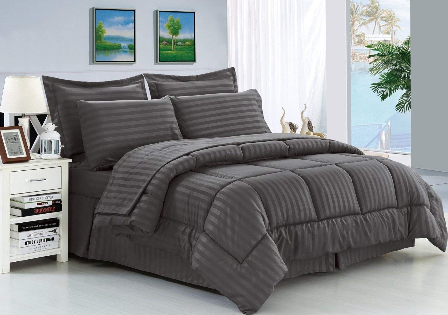 Luxury 350 Thread Count 100% Egyptian Cotton Comforter - 100 GSM Fiber Fill, Dark Grey Stripe, Short Queen Size for RV & Camper - Perfect for Cozy Nights & Travel Comfort
