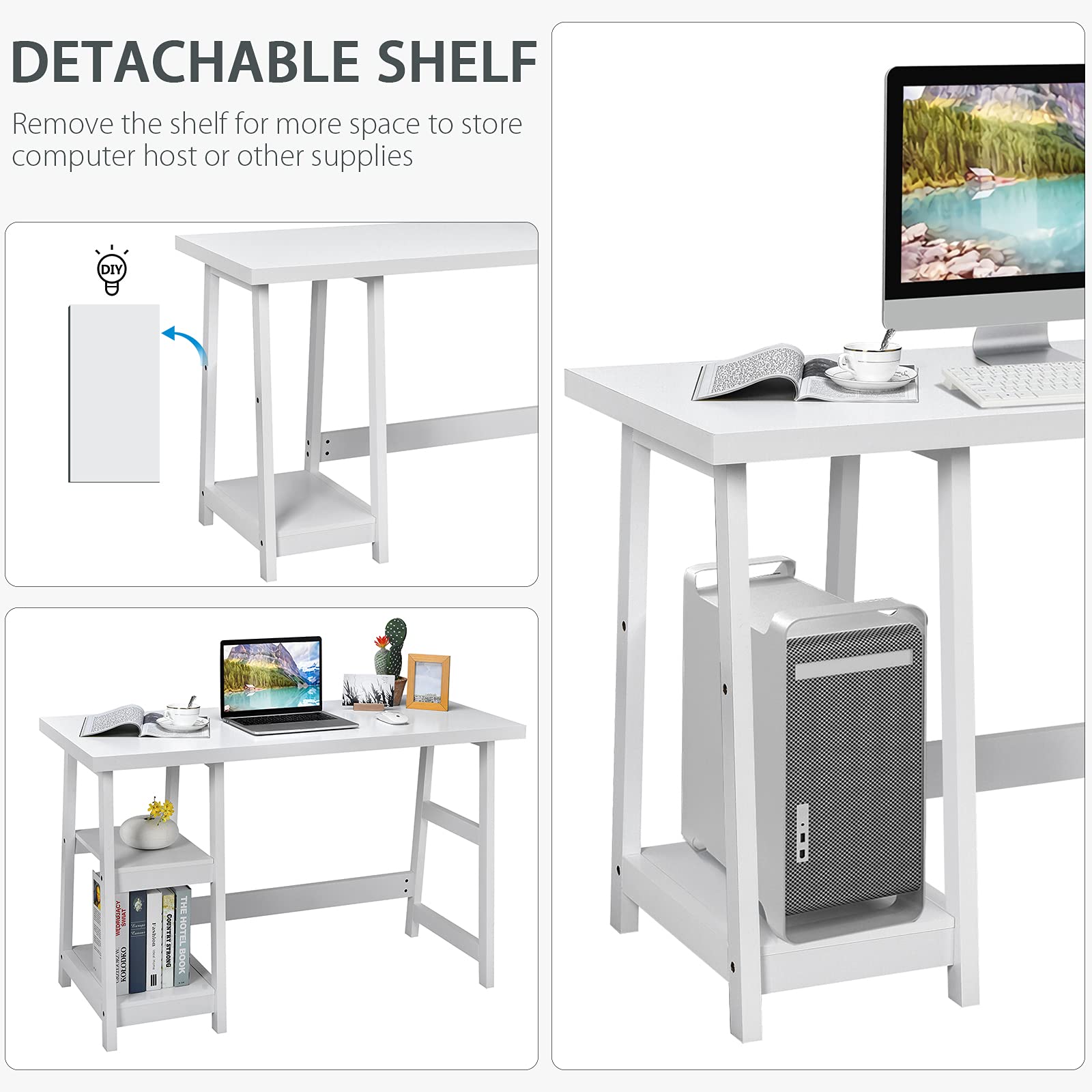 Tangkula White Modern Trestle Desk with Storage Shelves - Home Office Writing Desk, Space Saving Study Desk for Small Bedroom - Perfect for Remote Work & Online Learning