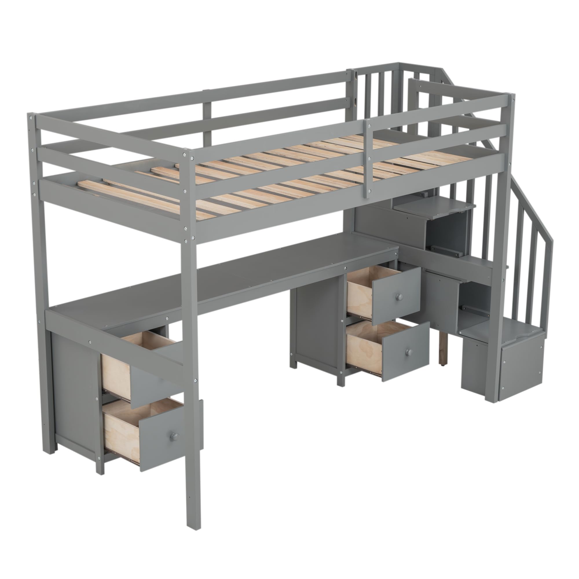Harper & Bright Designs Twin Size Wood Loft Bed with Stairs, Desk & Storage Drawers - Space Saving Kids Bedroom Furniture for Small Rooms, Dorm or Apartment