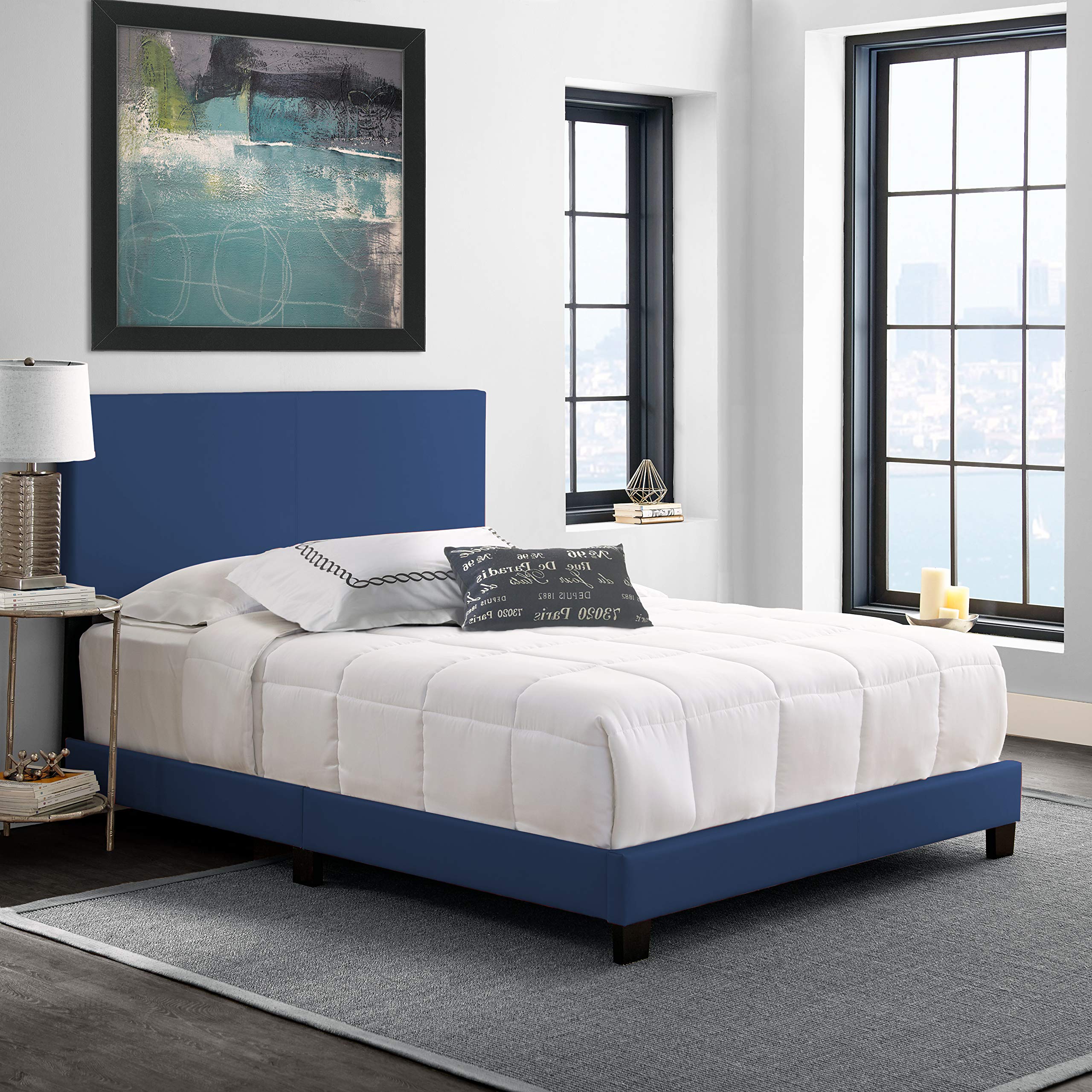 Boyd Sleep Montana Upholstered Platform Bed Frame with Headboard - Full Size Bed Foundation with Wood Slat Support, Faux Leather in Blue | Perfect for Modern Bedrooms, Guest Rooms & Small Spaces