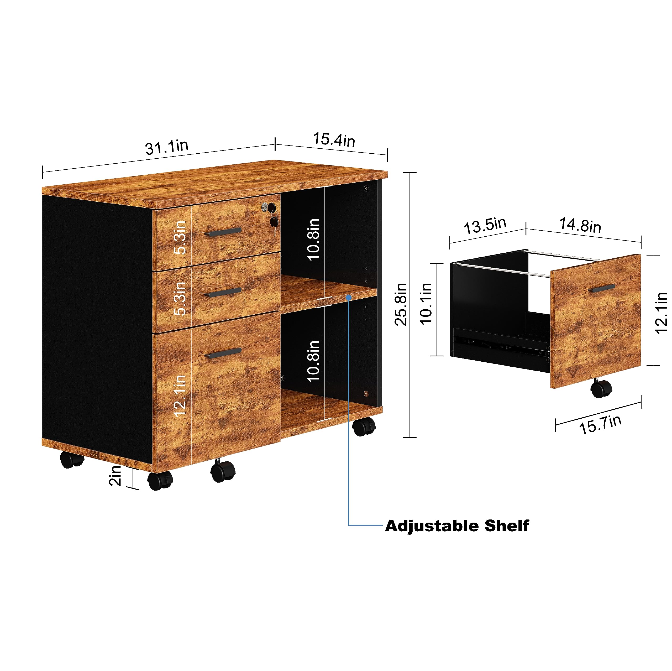 Wooden 3-Drawer Mobile Lateral File Cabinet with Wheels - Rolling Printer Stand with Open Storage Shelves for Home Office, Office Organization & Document Storage (Natural Wood Finish)