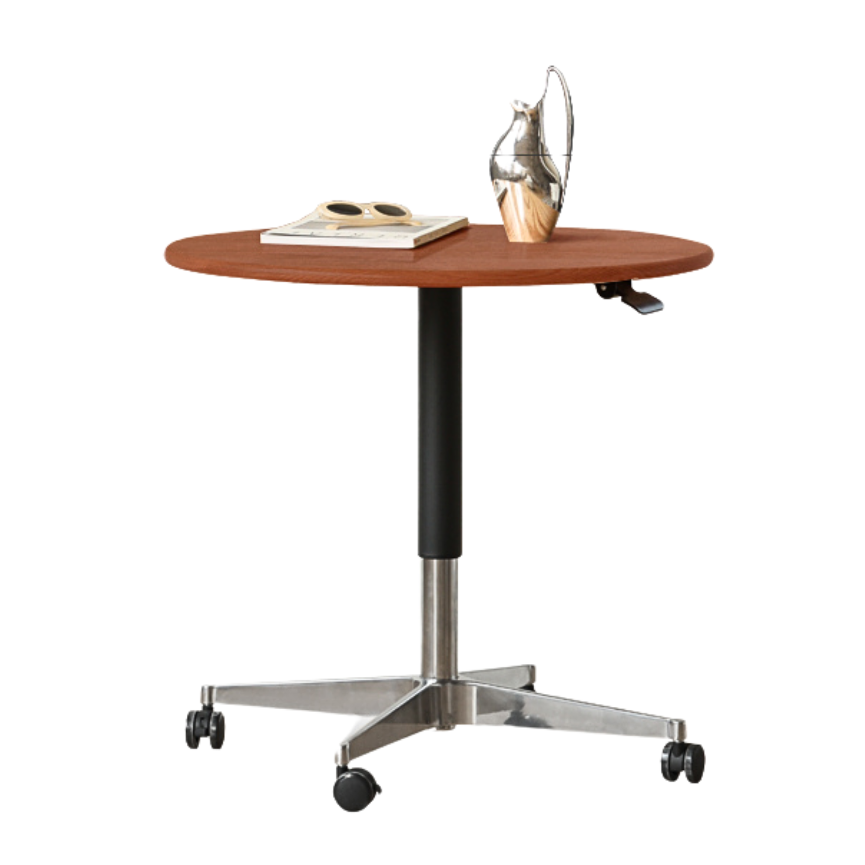 27.5x27.5x22-32.3 inch/ 70x70x56-82 cm/ Teak color/ Poplar round table black and silver metal legs