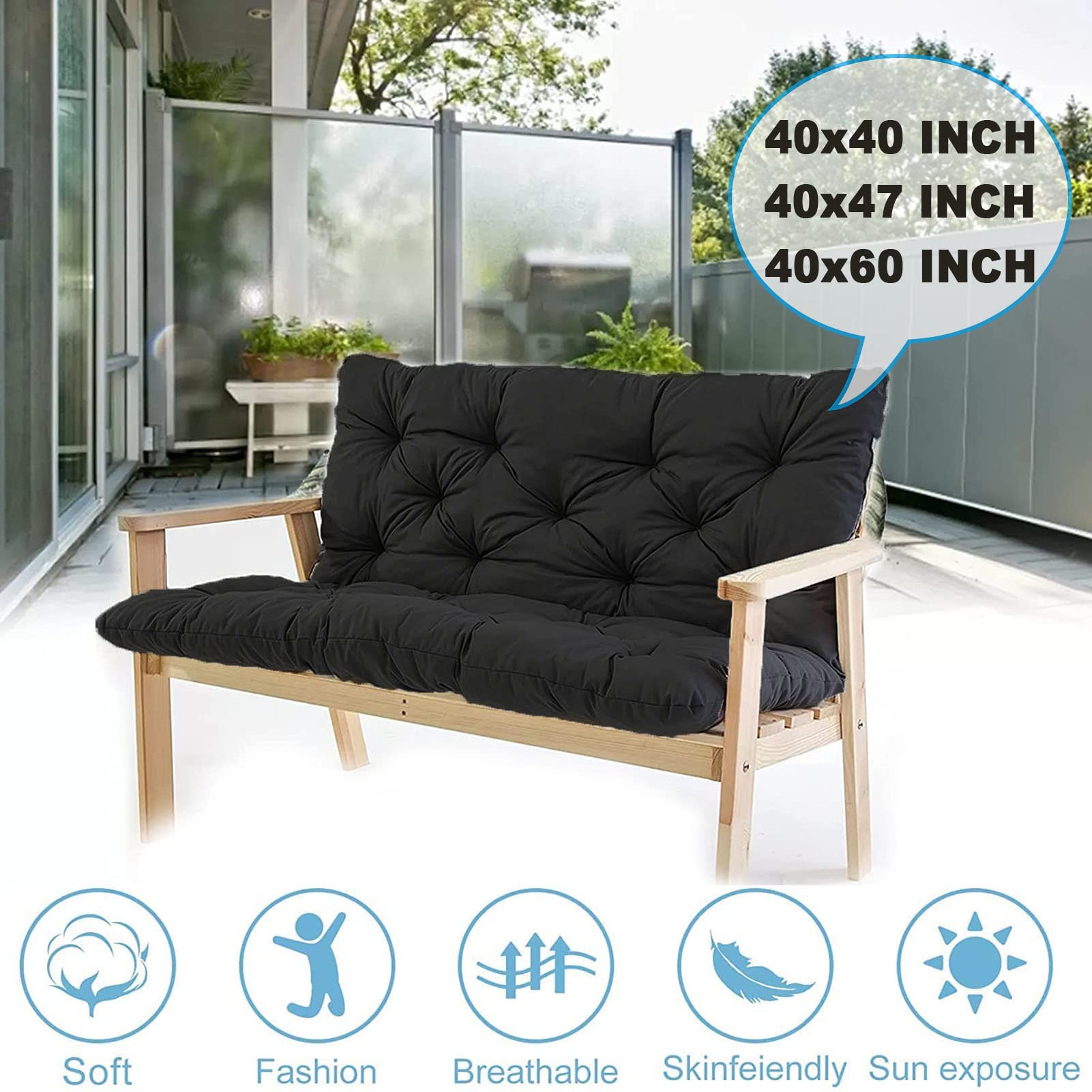 **60 Inch Waterproof Outdoor Bench Cushion with Backrest – Thickened Patio Swing Cushion for 3-Seater Porch Furniture (Black, 40x60 Inch) – Perfect for Garden, Deck, and Backyard Relaxation**