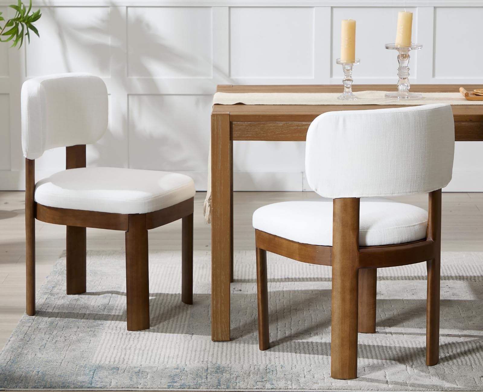 Beige Upholstered Dining Chairs Set of 2 - Mid Century Modern Wooden Farmhouse Kitchen Chairs with Linen Fabric - Armless Accent Side Chairs for Dining Room, Living Room & Home Decor - Perfect for Farmhouse, Vintage and Contemporary Interior Design Styles
