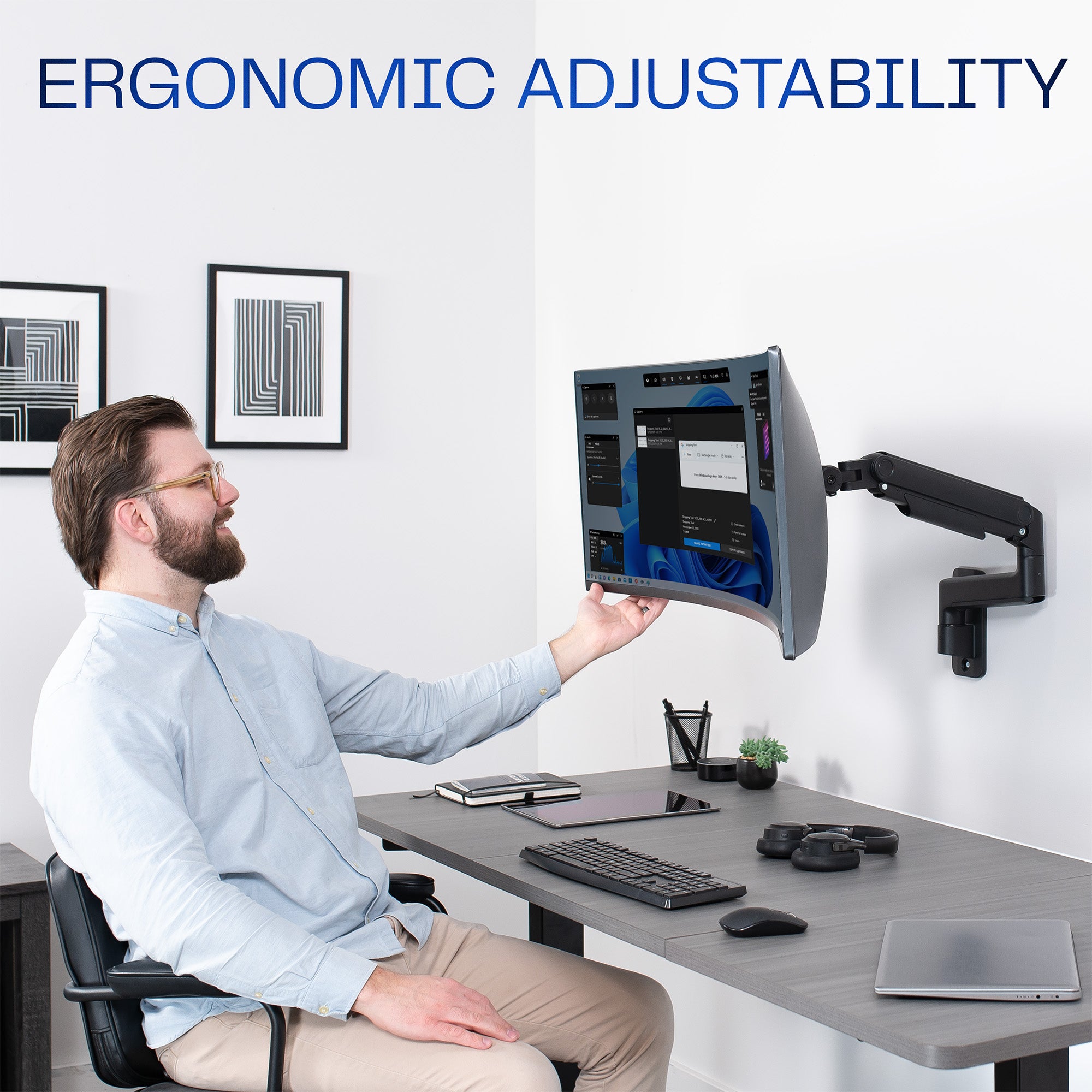Pneumatic Arm Single Ultrawide Monitor Wall Mount - Holds Up to 49 Inch Screens - Perfect for Home Office, Gaming Setup & Workspace Ergonomics