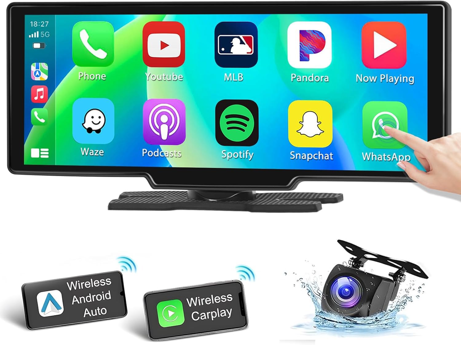 10.3 Inch Portable Wireless CarPlay Android Auto Screen - Hikity Full HD Touchscreen Car Display with Bluetooth, AUX, Voice Control, Reverse Camera & FM Radio | Perfect for GPS Navigation, Hands-Free Calling & Safer Driving