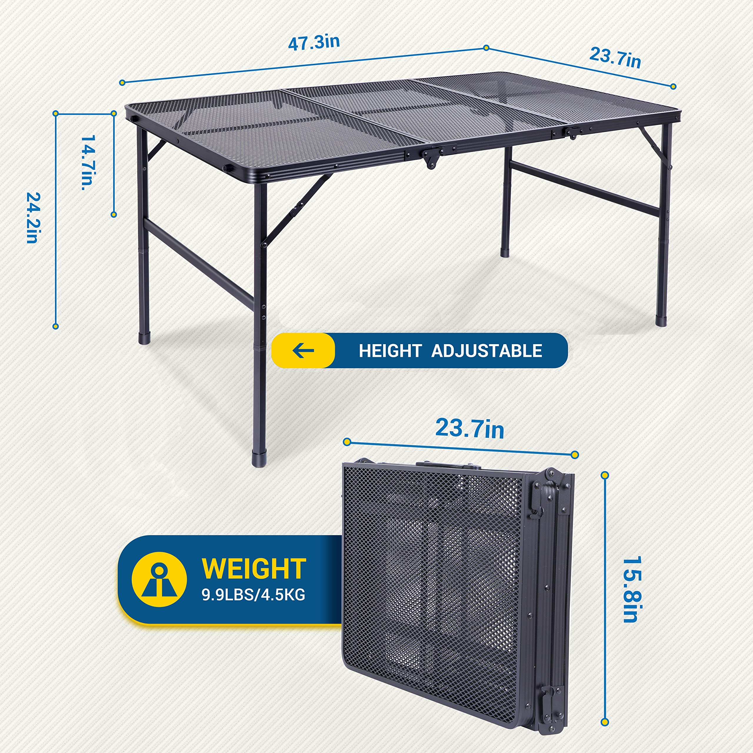 Adjustable Height C-Shaped Grill Table - Portable Outdoor Camping & Picnic Side Table with Mesh Storage Bag & Carry Handle (47.3