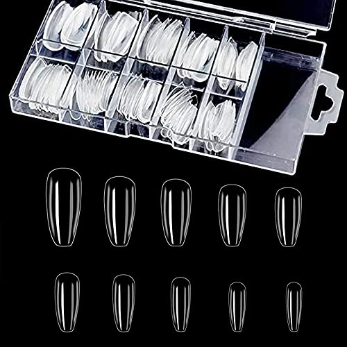 Belicia 100 Pcs Clear Coffin Nails - Ballerina Fake Nails for Women, Long Acrylic Press on Nails with Glue, French Tip False Nails for Manicure, Party, Wedding & Special Occasions